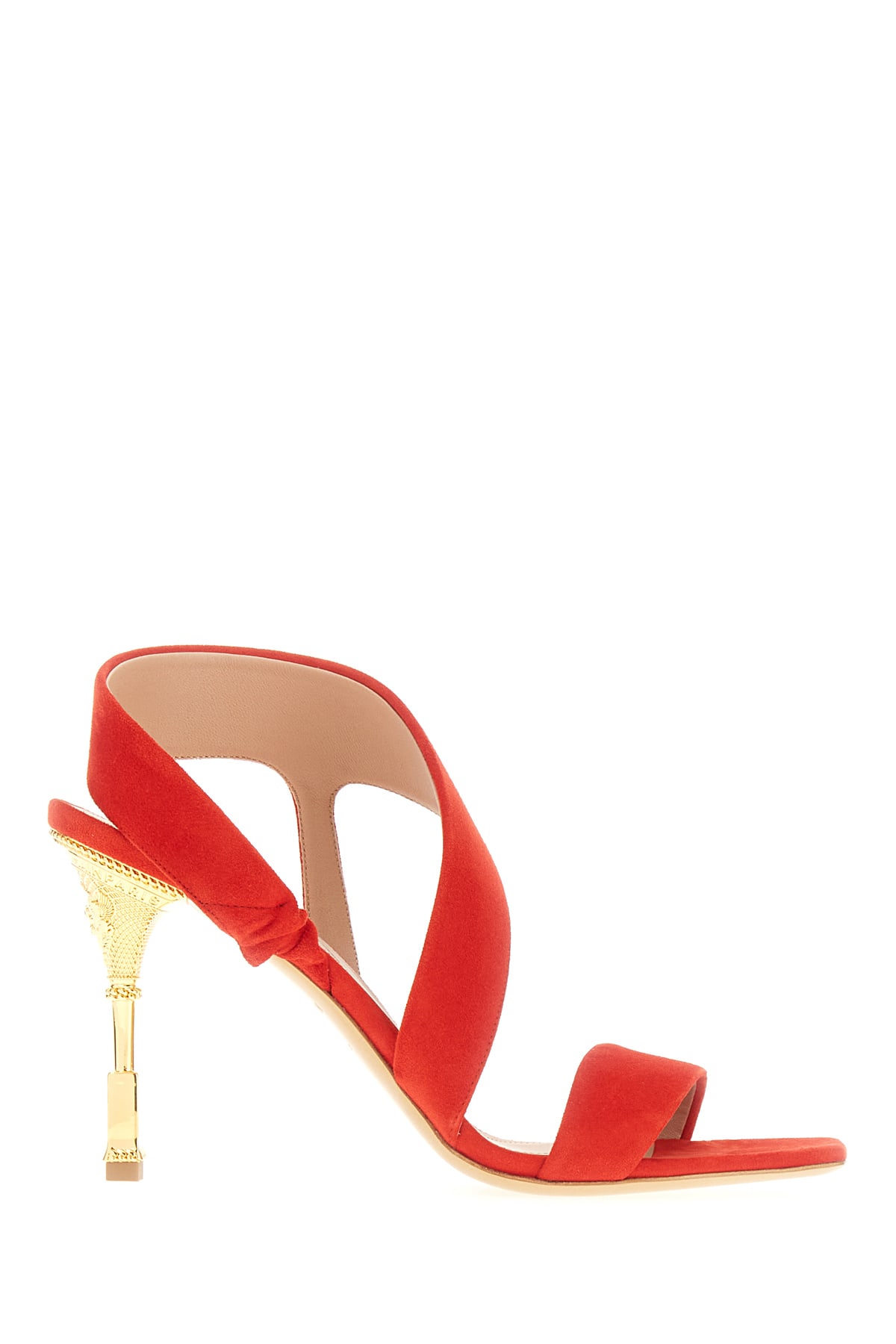 Balmain Moneta Sculpted Heel Open Toe Sandals In Rougevif