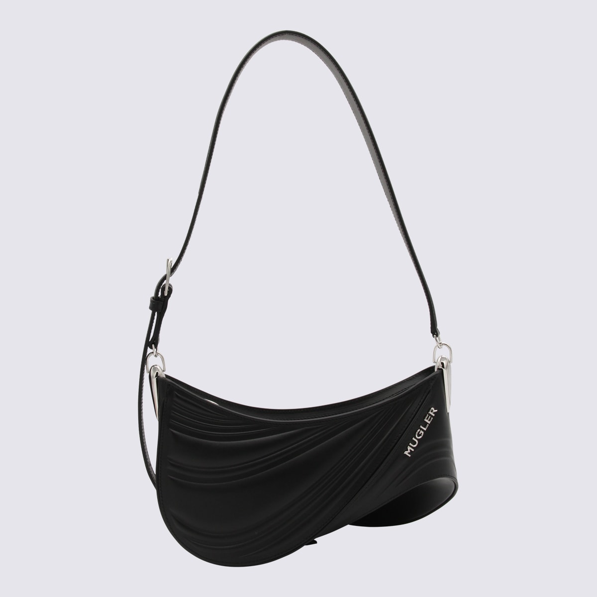 Shop Mugler Blacke Leather Curve Shoulder Bag