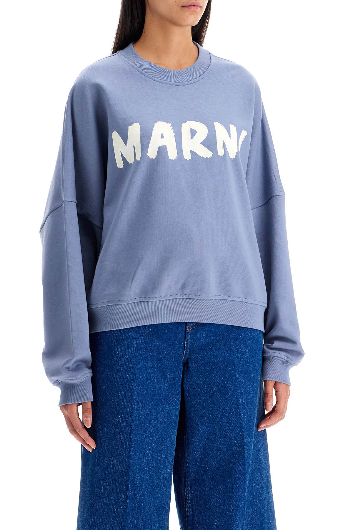 Shop Marni Crewneck Sweatshirt With Logo In Shadow (light Blue)