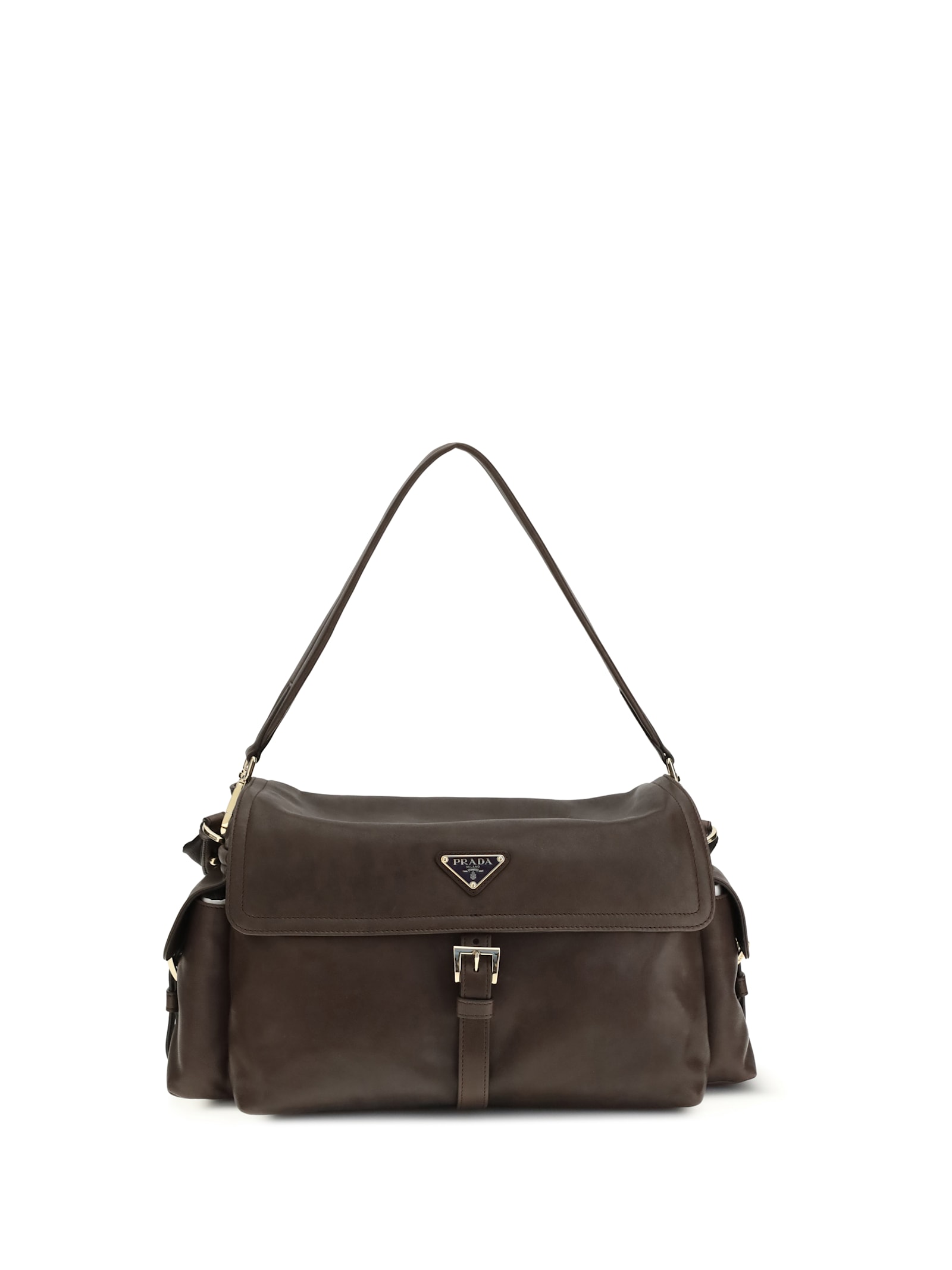 Prada Explore Large Leather Shoulder With Flap Bags In Brown
