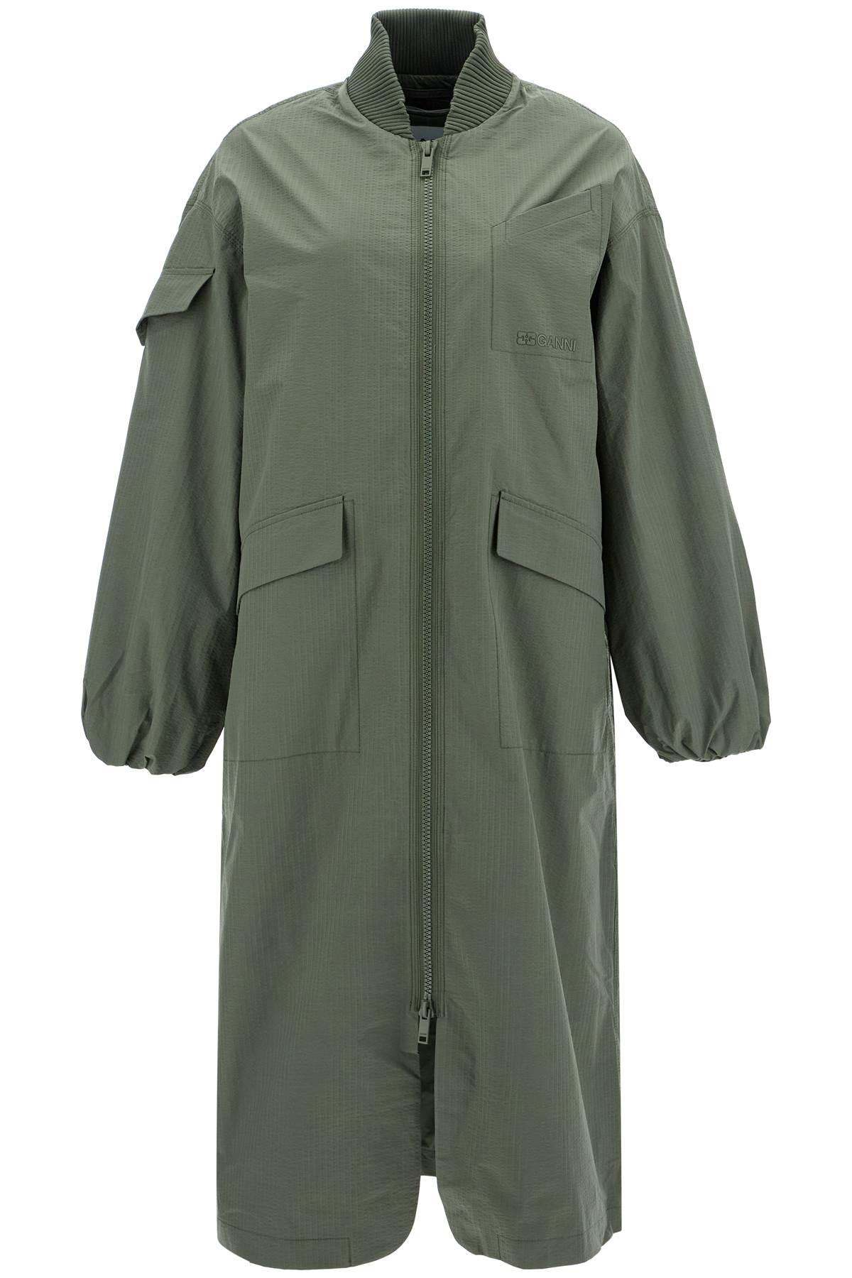 Shop Ganni Long Tech Seersucker Trench In Beetle (green)