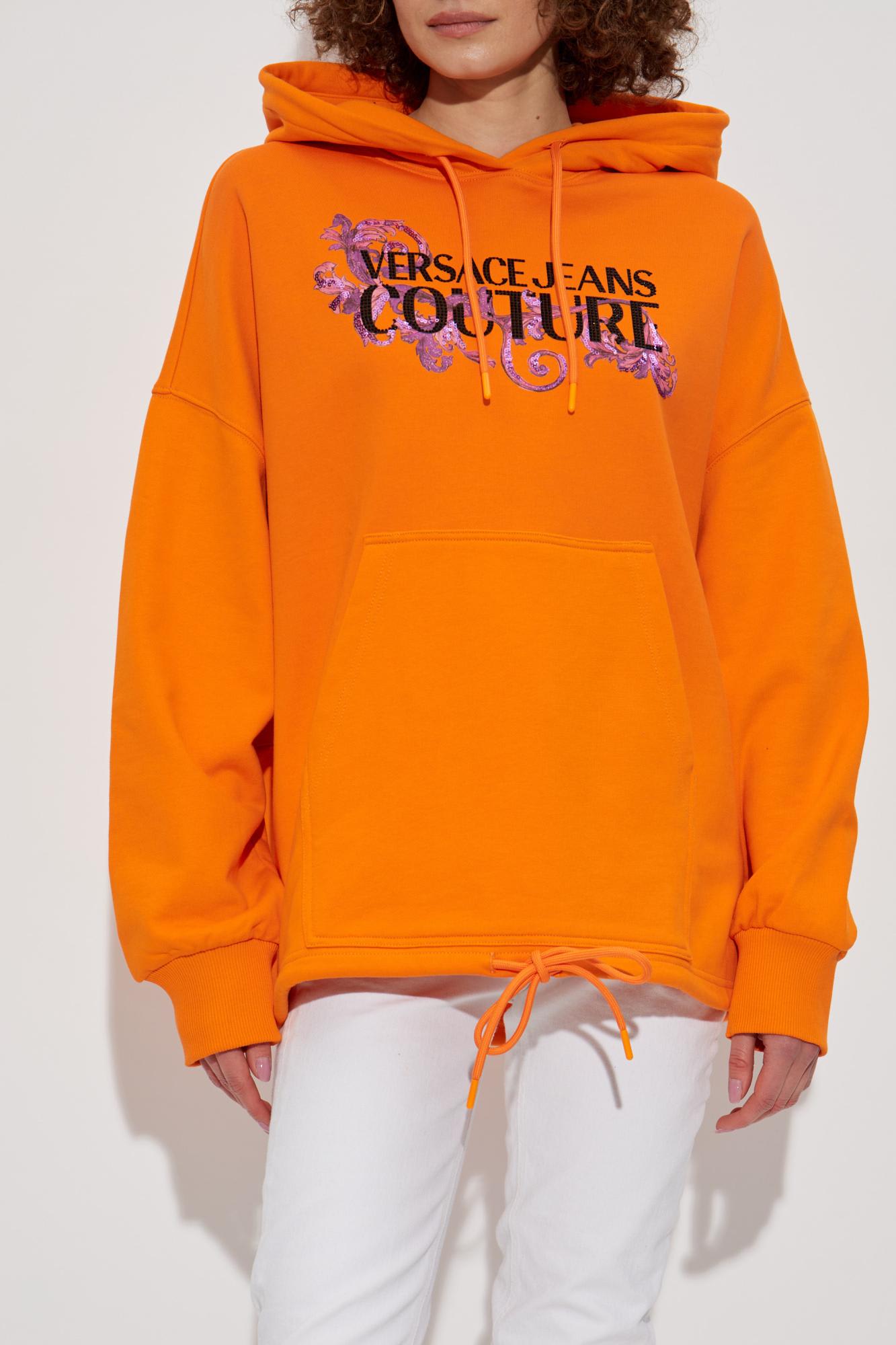 Versace Jeans Couture Hoodie With Logo And Crystals In Orange