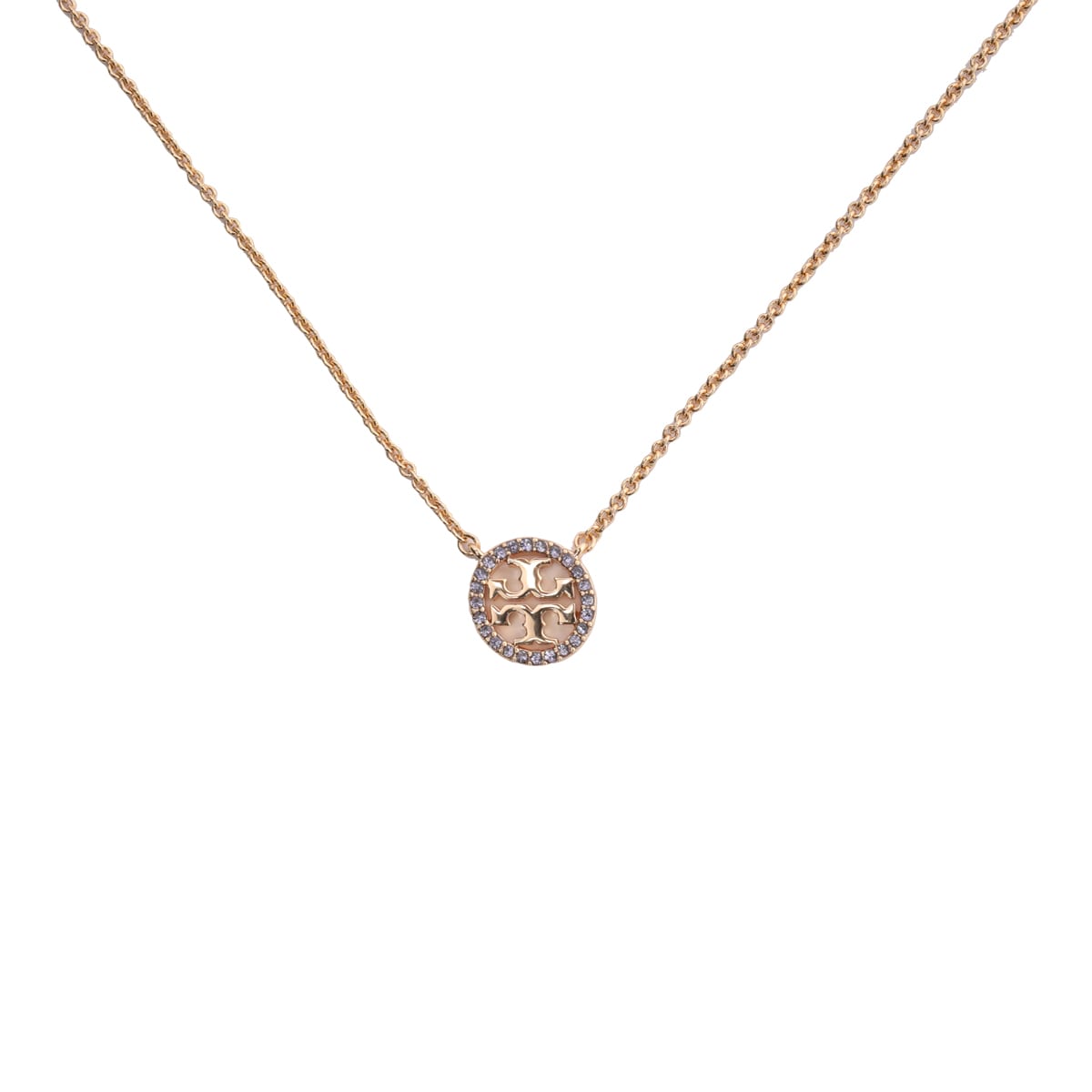 Shop Tory Burch Miller Pave Pendant Necklace In Tory Gold/purple
