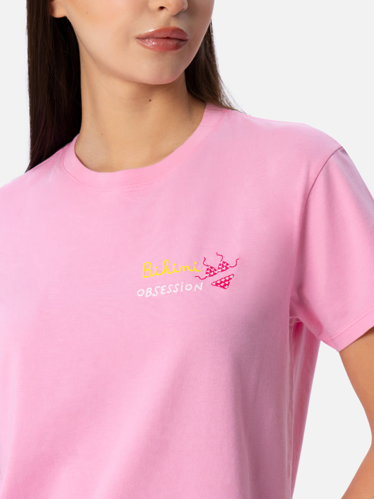 Shop Mc2 Saint Barth Woman Cotton Jersey Crewneck T-shirt Emilie With Bikini Obsession Embroidery In Pink