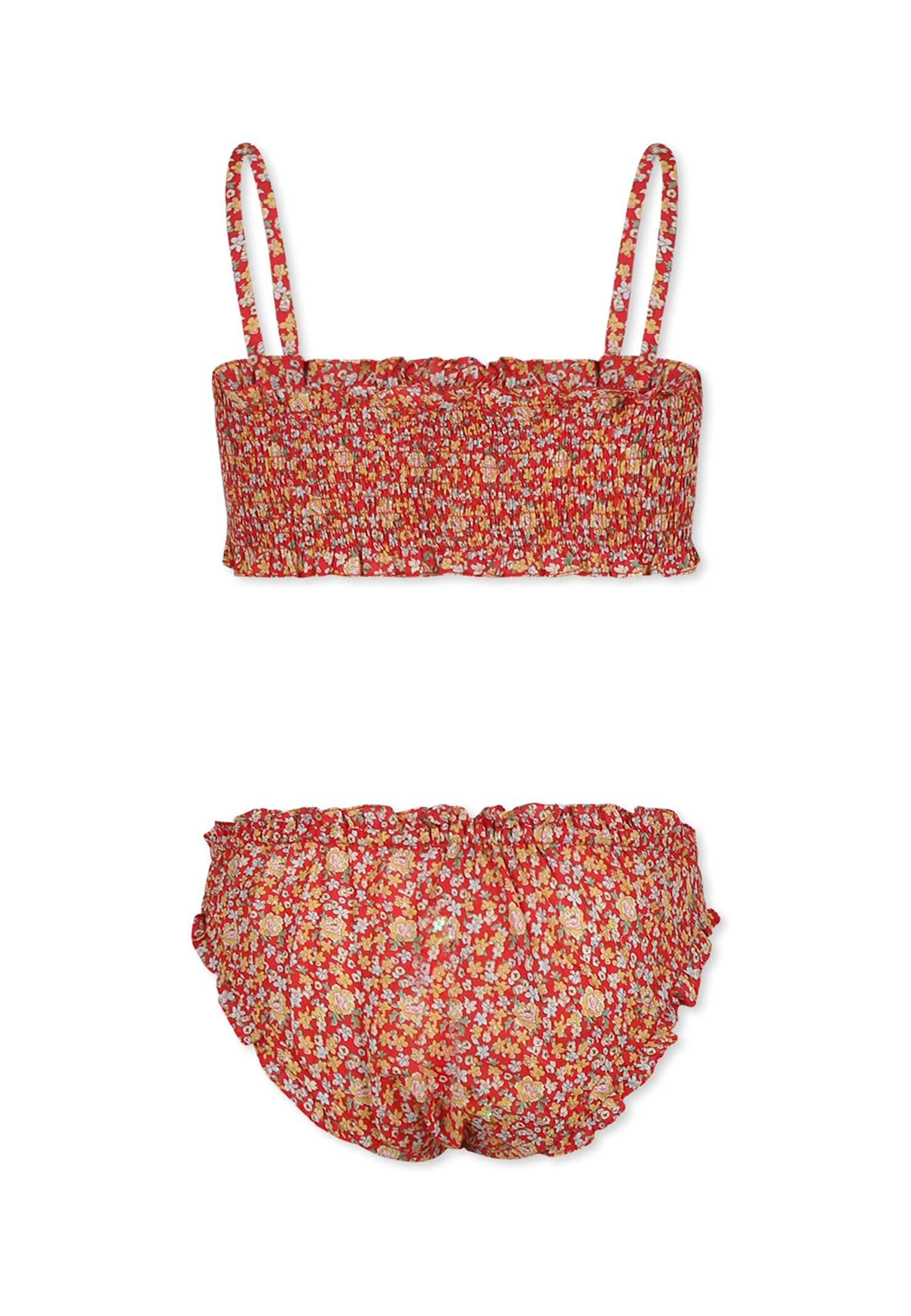 Bonpoint Red Bikini For Girl With Floral Print In Red