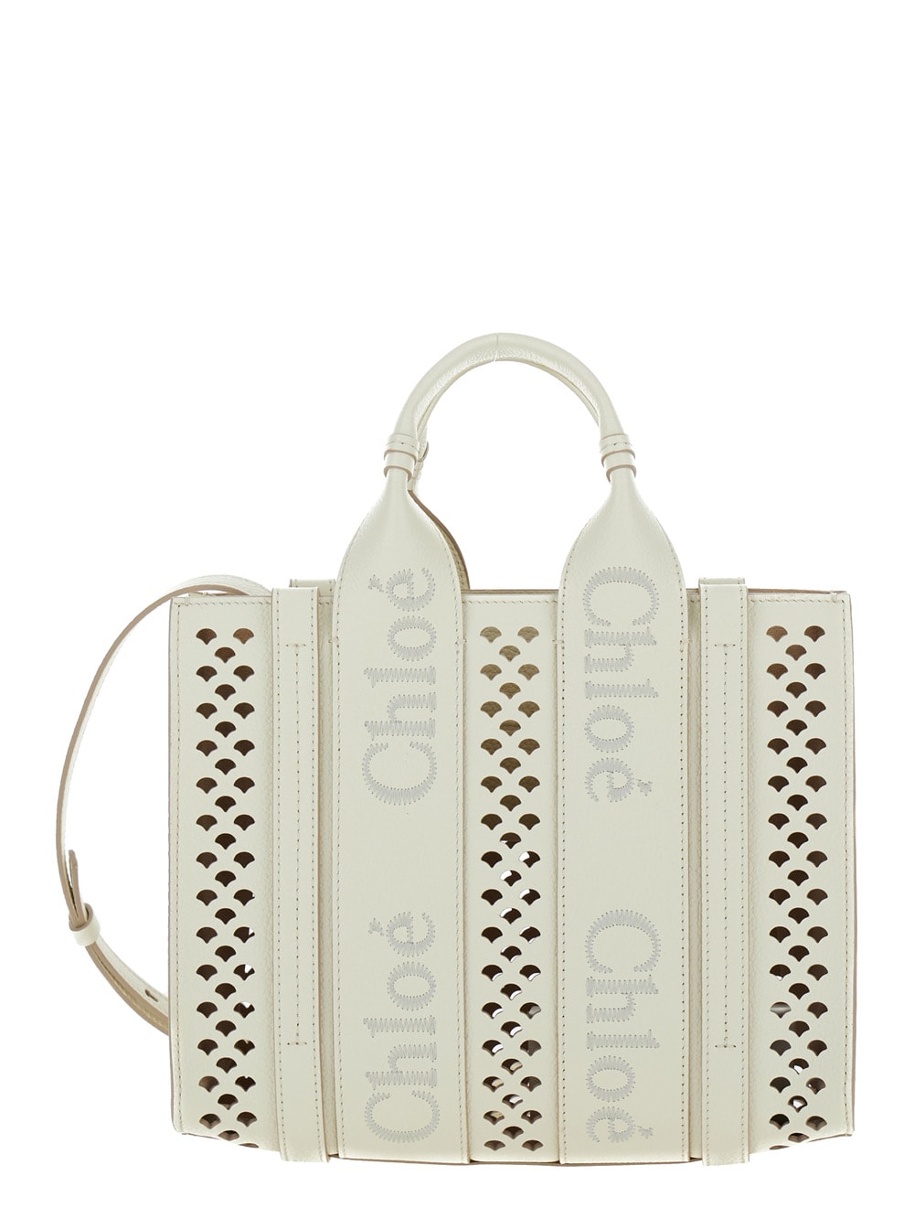 Shop Chloé Piccola Woody White Tote Bag With Perforated Edges And Logo In Grained Leather Woman