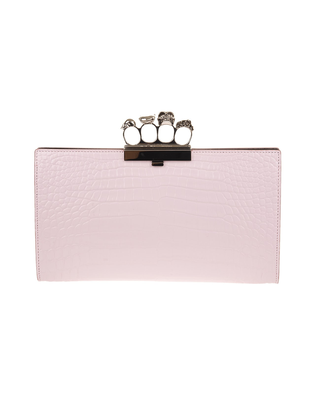 Alexander McQueen Pink Four-ring Skull Flat Clutch With Crocodile Effect