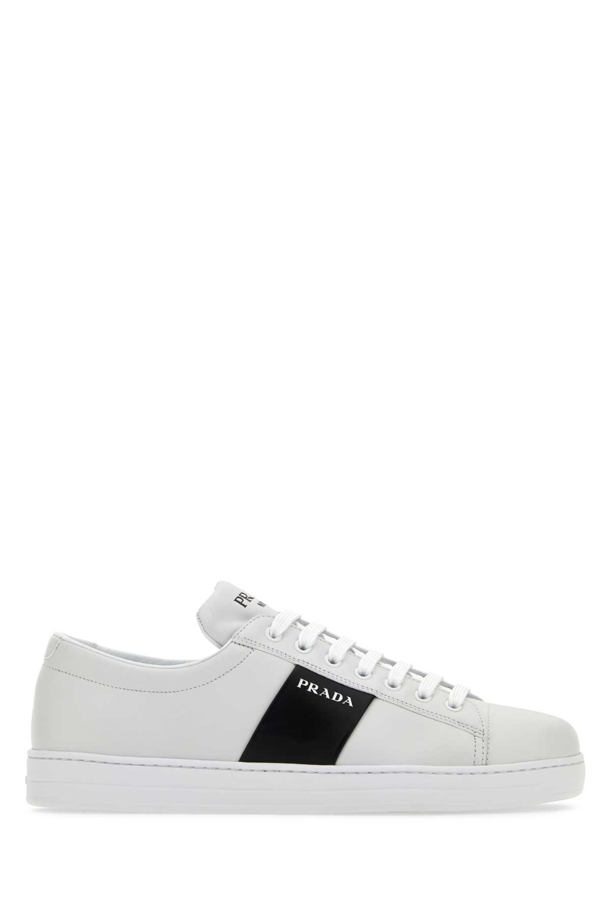 Shop Prada White Leather Sneakers In Bianconero