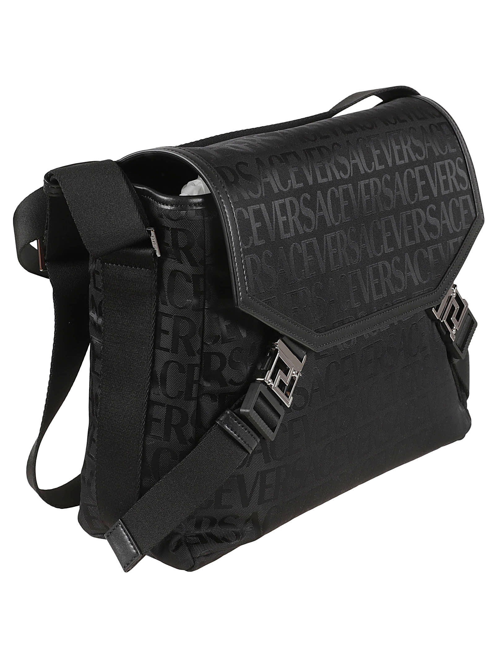 Shop Versace Logo Monogram Shoulder Bag In Black-ruthenium
