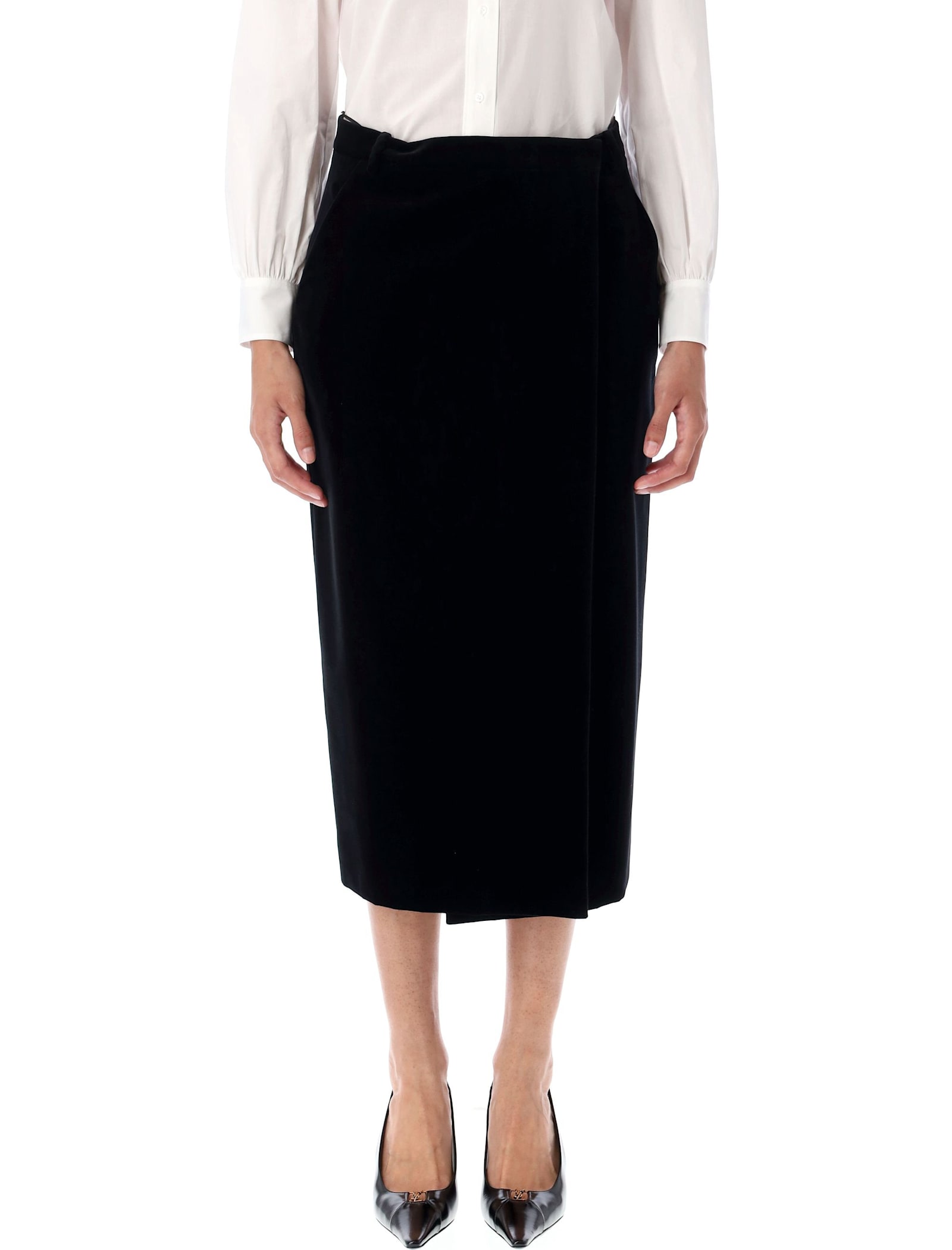 Saint Laurent Wrap-effect Cotton-velvet Midi Skirt In Black