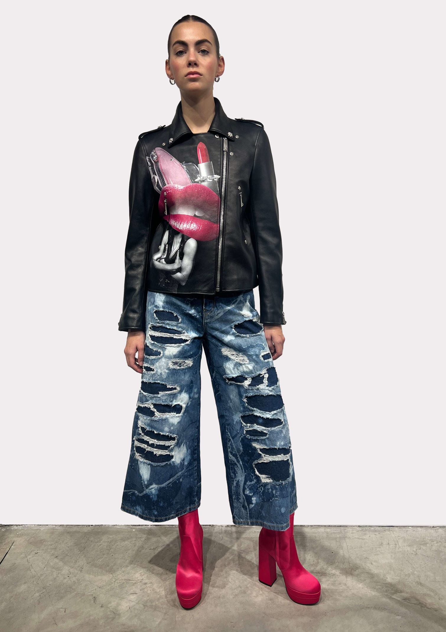 Shop John Richmond Wide Leg Jeans With Used Effect Decoration In Fantasia