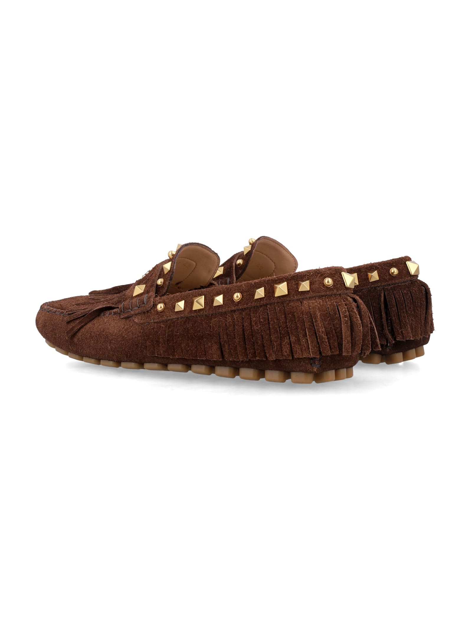 Valentino Garavani Driver Fastaway Loafer With Fringes And Decorative Studs In Brown