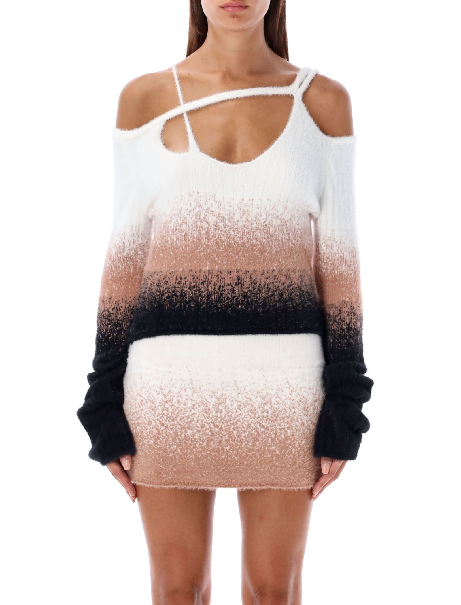 Shop Ottolinger Knit Off Shoulder Sweater In Black/cream/white