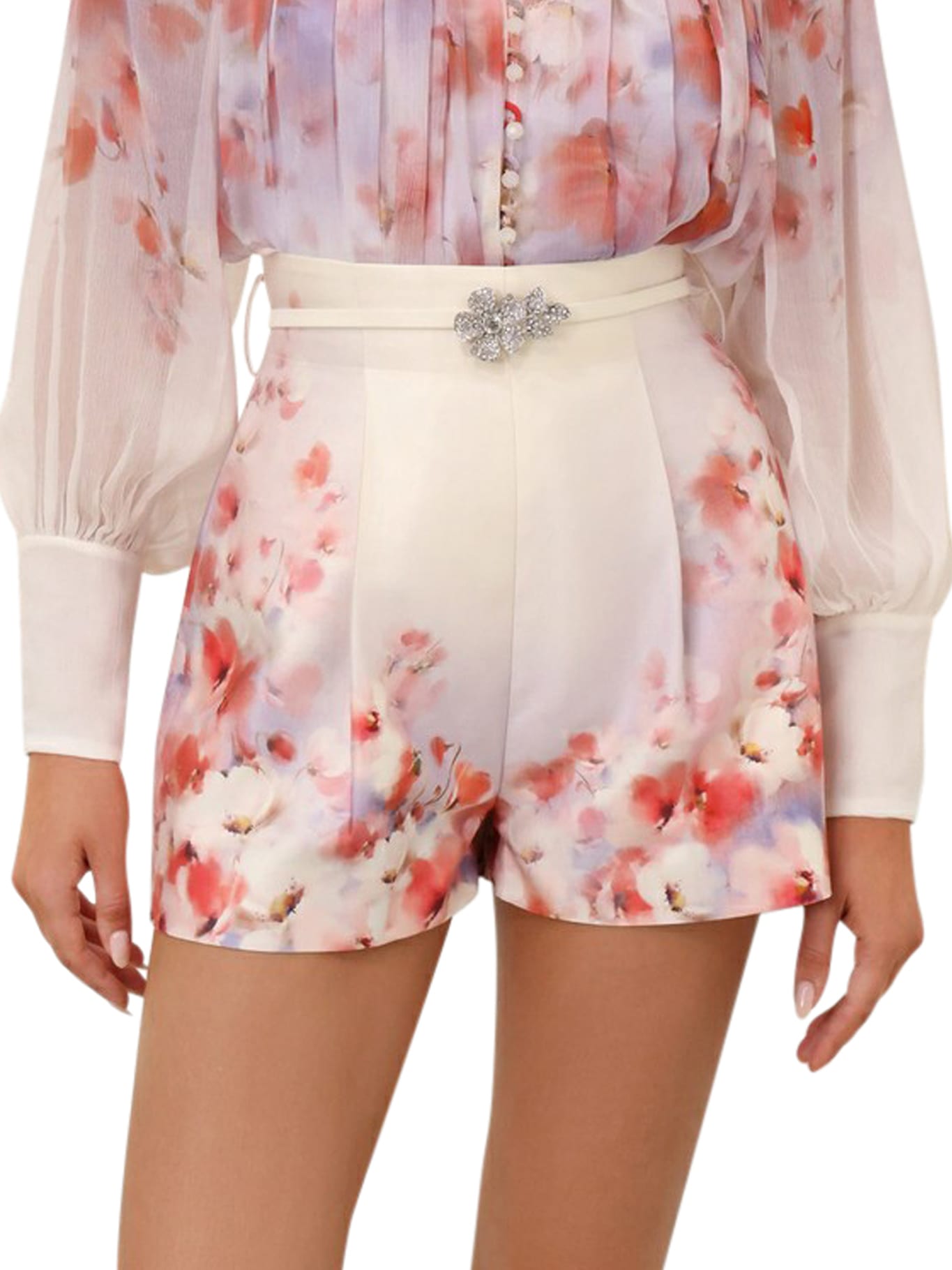 Zimmermann Crush Belted Floral-print Silk And Cotton-blend Twill Shorts In Multicolour