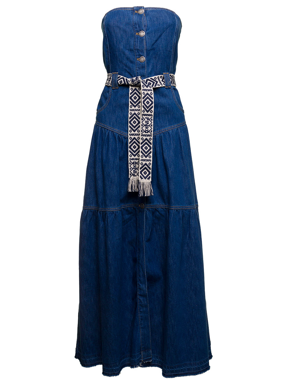 Pinko Womans Sleeveless Blue Denim Dress With Ikat Belt