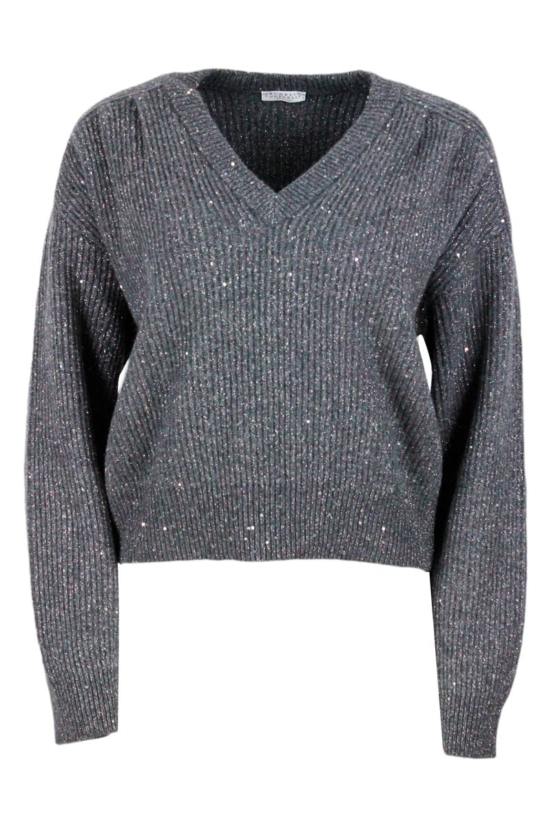 Brunello Cucinelli Long-sleeved V-neck Sweater In Cashmere And Wool