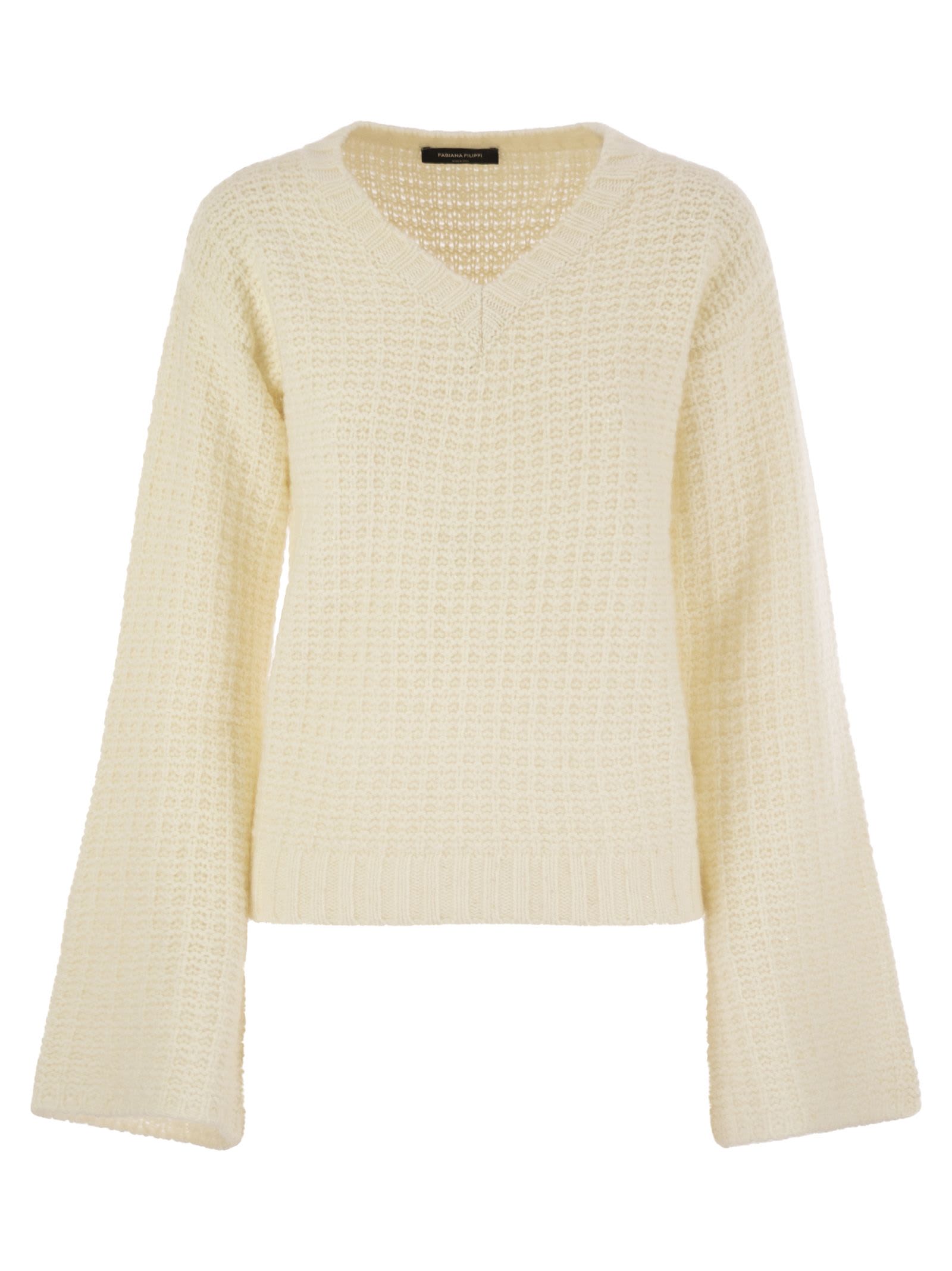 V-neck Sweater In Platinum With Sequins