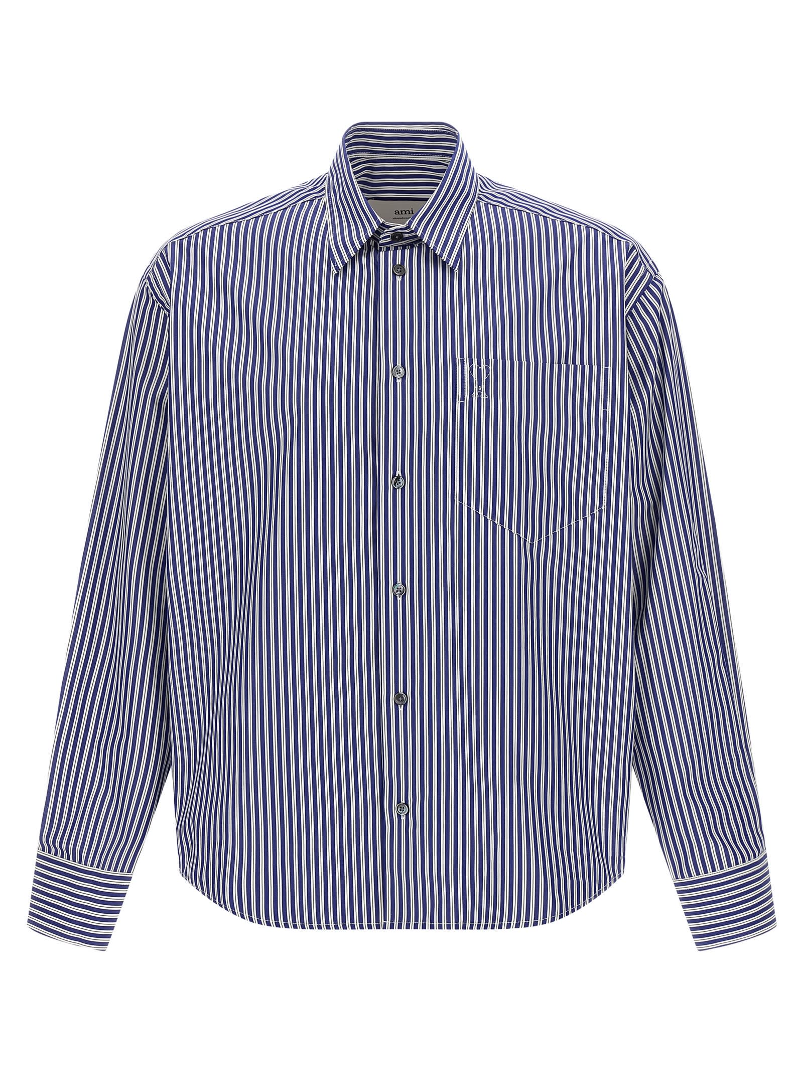 Ami Alexandre Mattiussi Striped Long Sleeve Shirt Chest Pocket In Blue