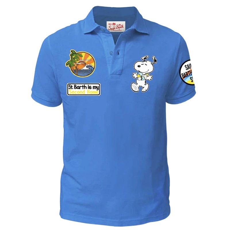 Mc2 Saint Barth Kids' Boy Piquet Polo With Snoopy Patch Peanuts Special Edition In Blue