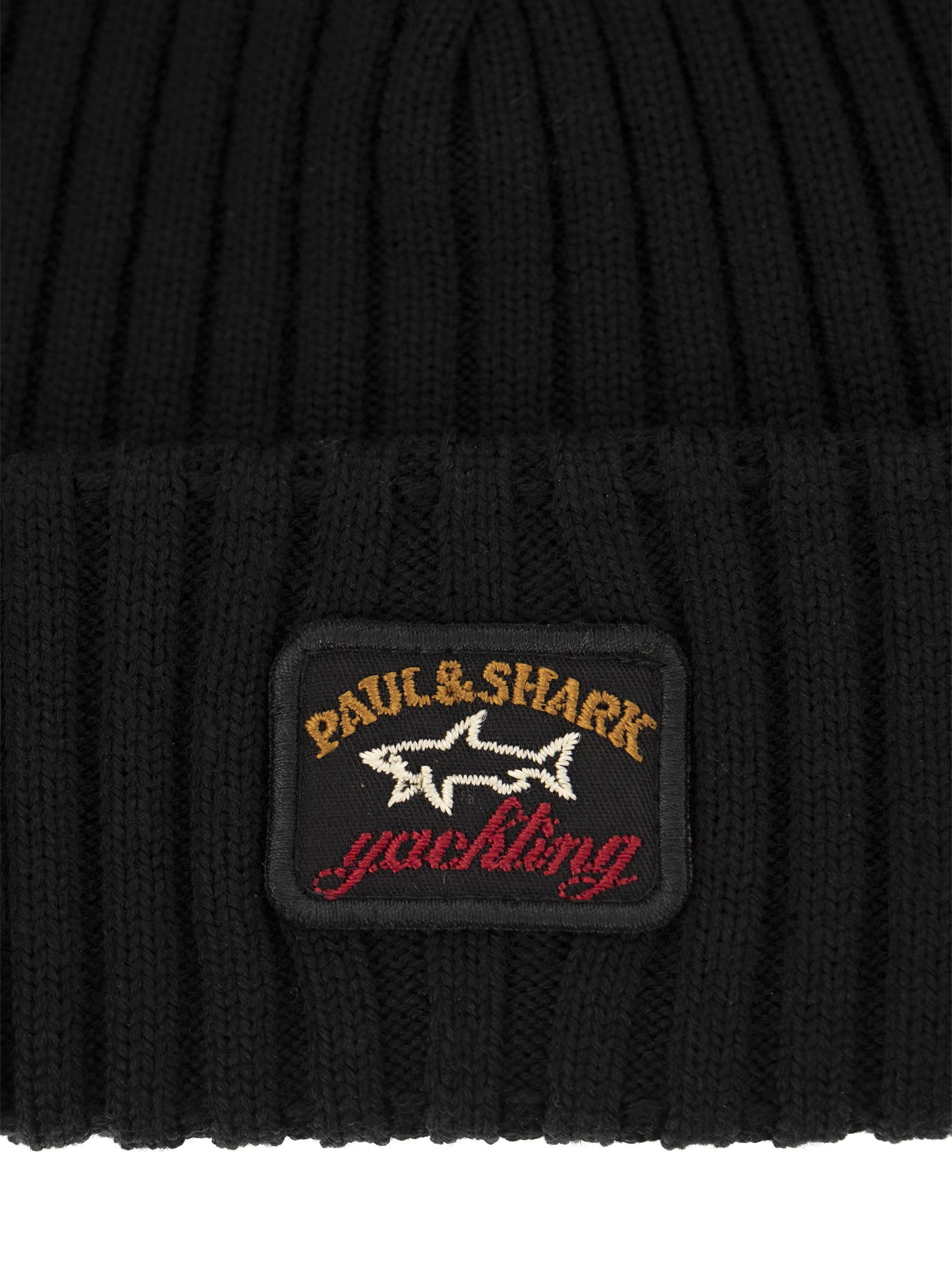 Shop Paul&amp;shark Iconic Coin Badge Ribbed Wool Hat In Black