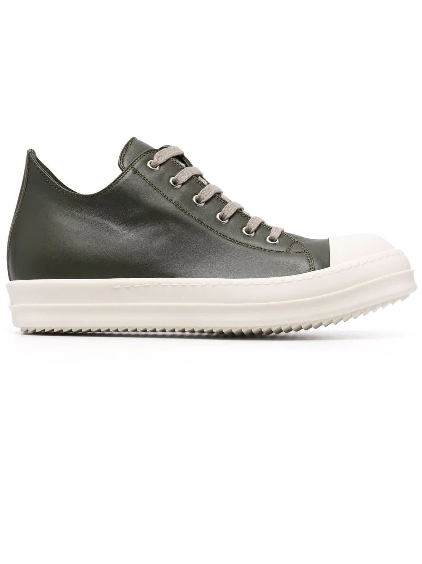 Rick Owens Olive Green Leather Low Top Sneakers