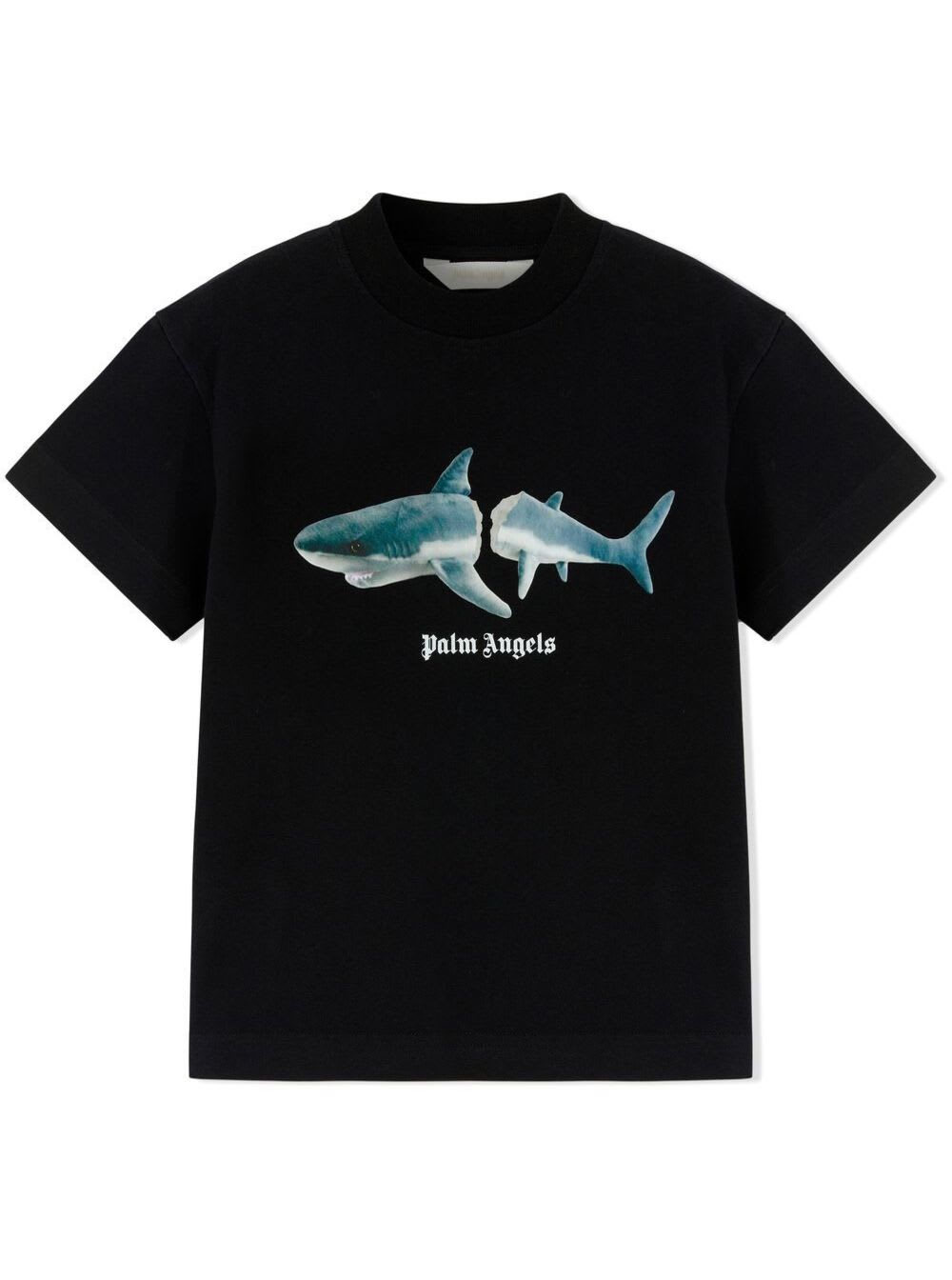 Shop Palm Angels Crewneck T-shirt With Shark And Logo Print In Black Cotton Boy