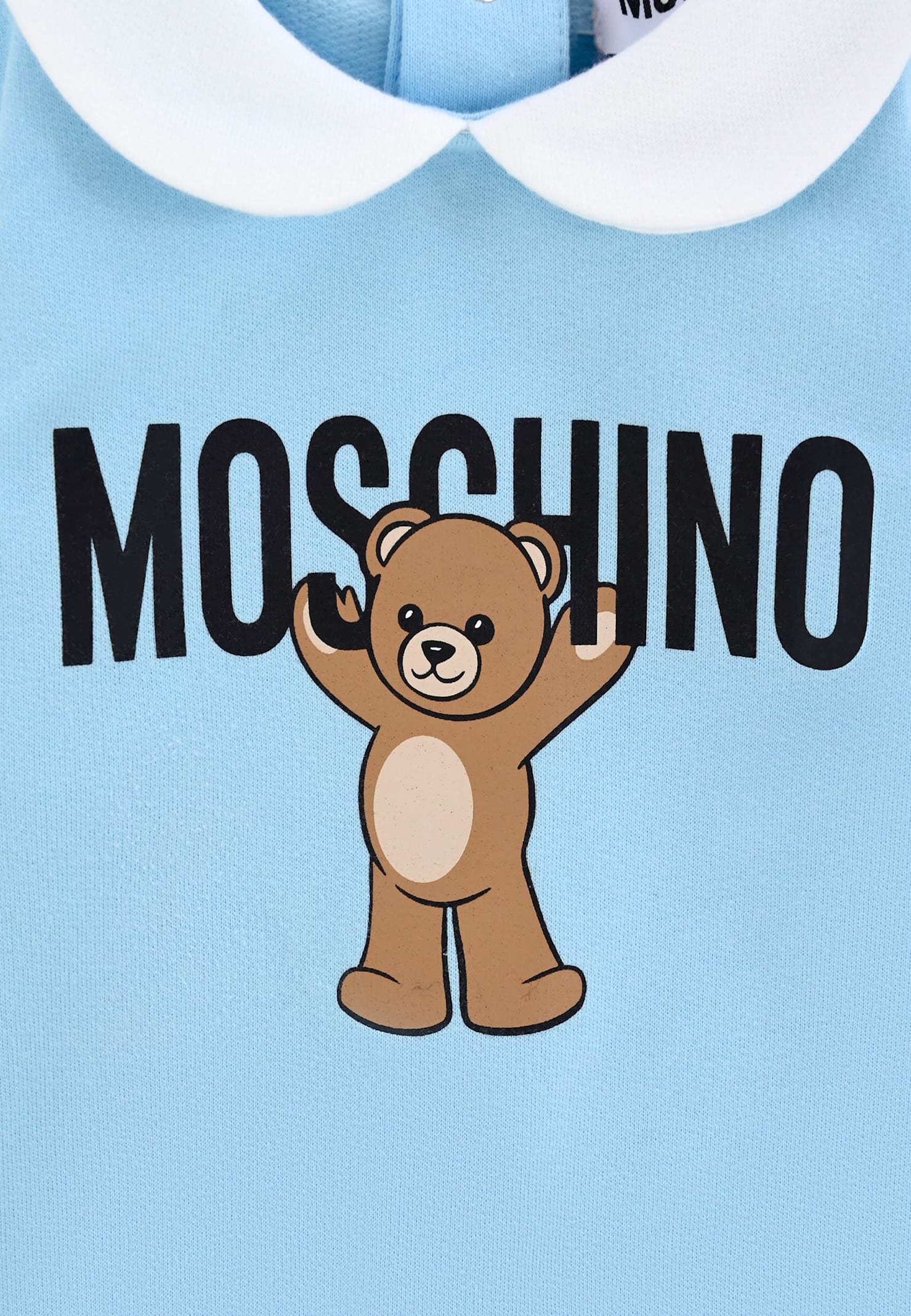 Moschino Light Blue Babygrow For Baby Boy With Teddy Bear In Blue