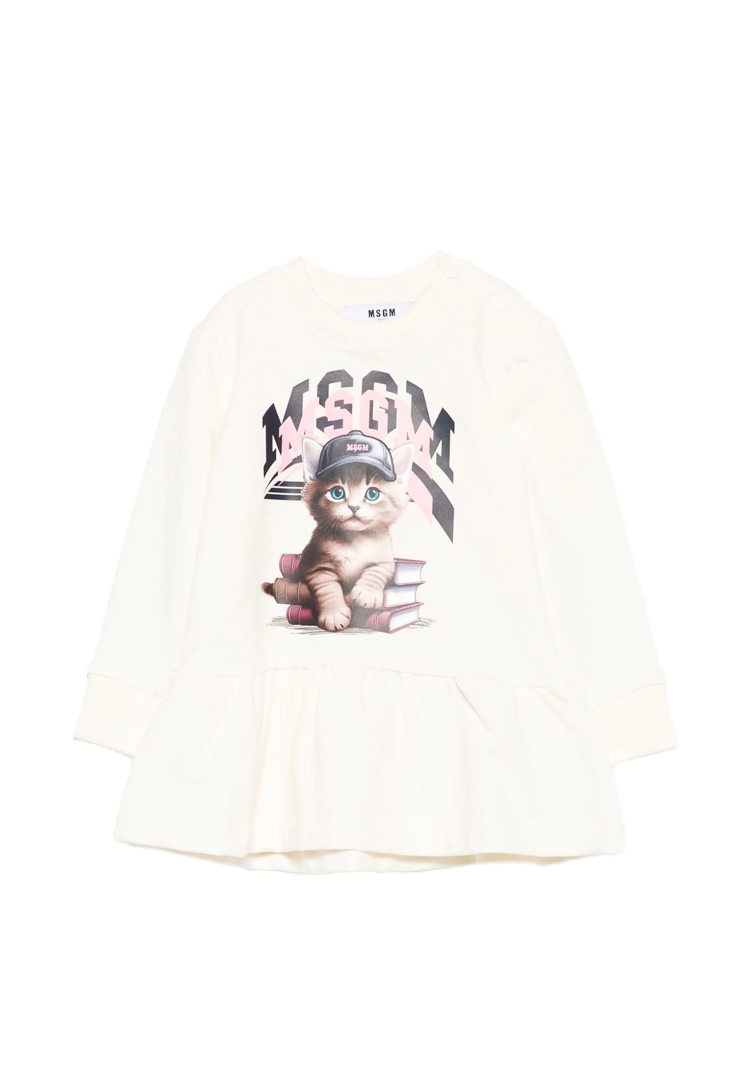 Msgm Ivory T-shirt For Baby Girl With Logo And Cat In Neutral
