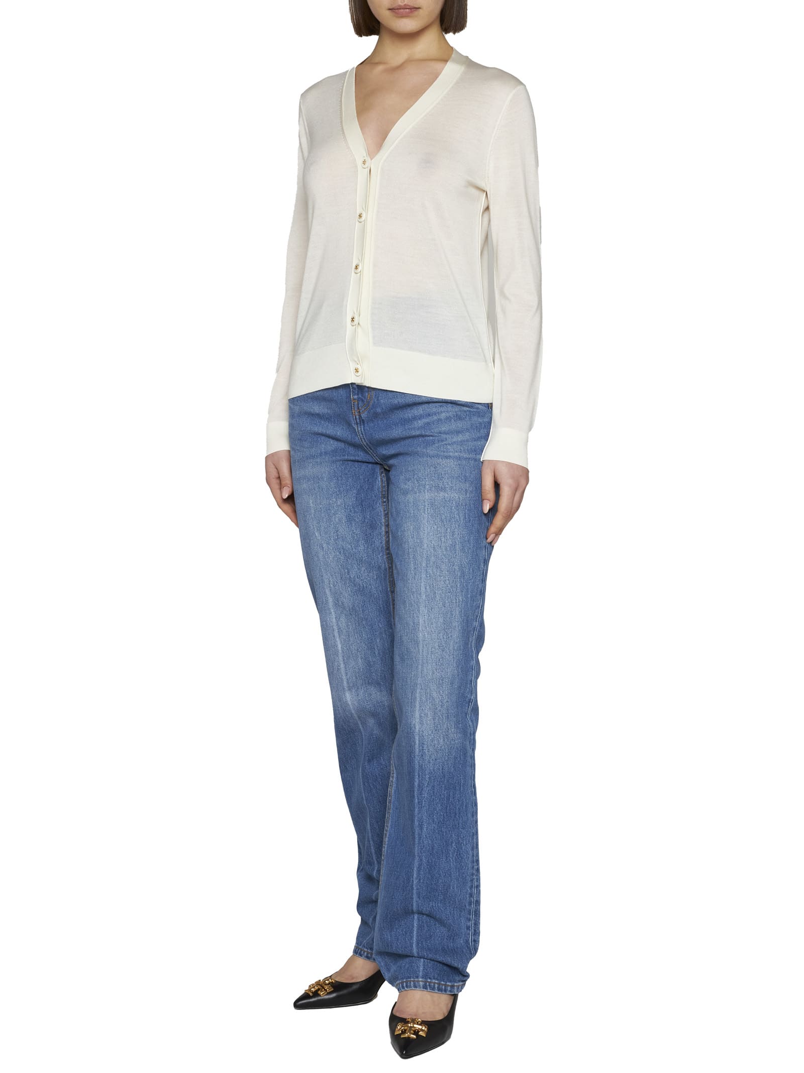 Tory Burch 'simone' Wool And Silk Cardigan In Panna
