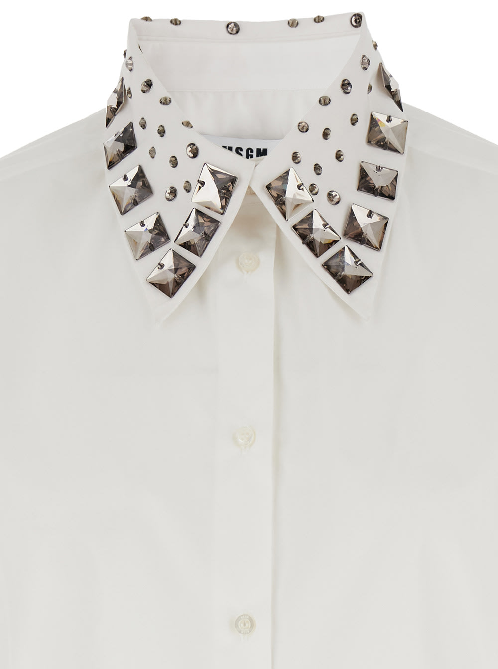 Shop Msgm White Shirt With Detachable Collar And Rhinestone In Cotton Woman