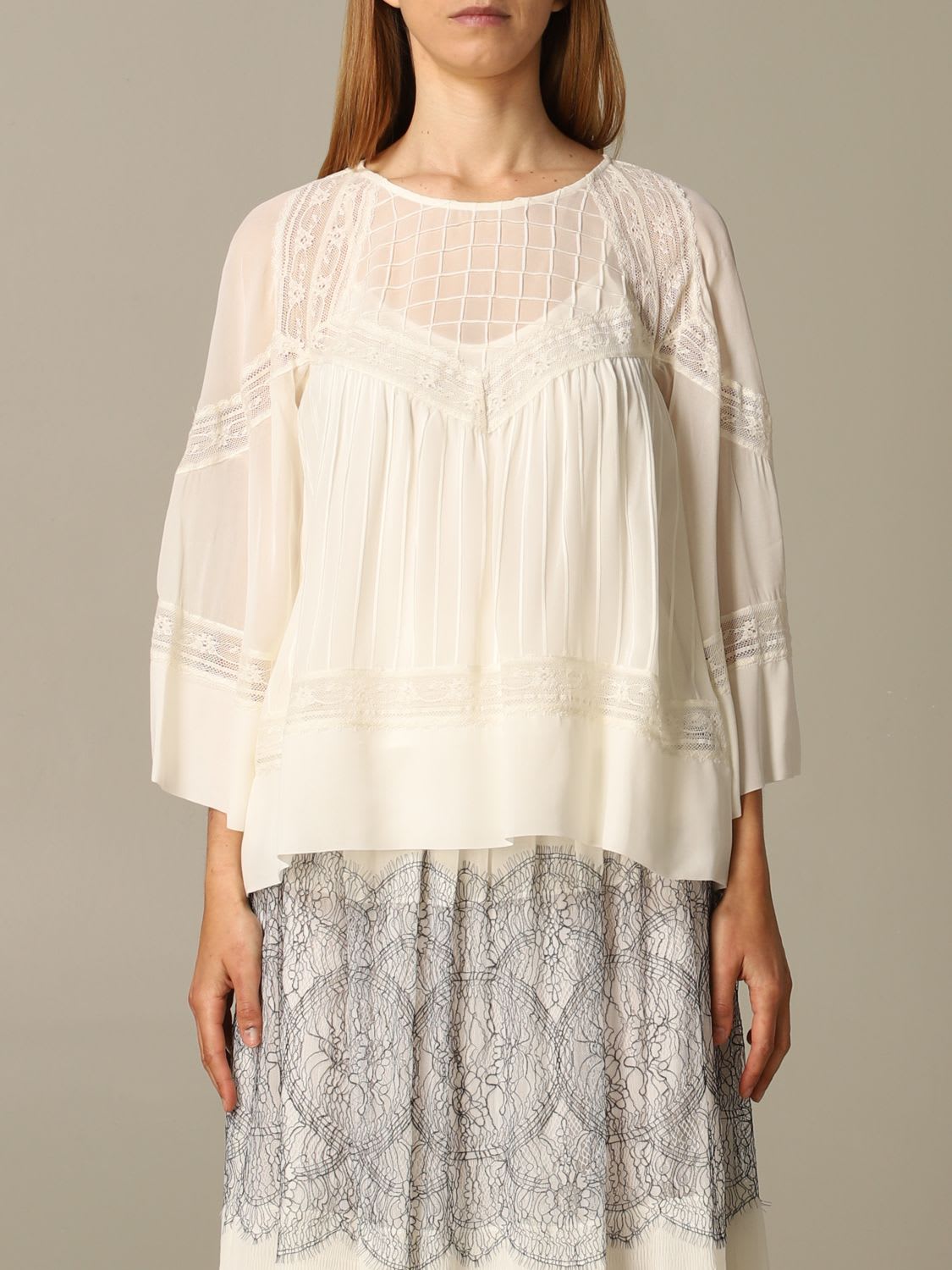 Twinset Twin Set Shirt Twin-set Blouse In Cotton And Lace In Yellow ...