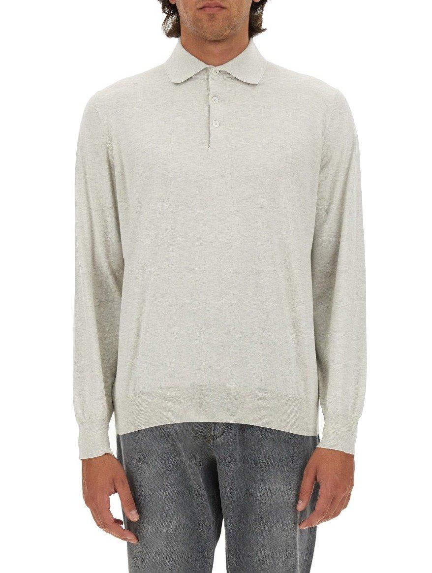 Shop Brunello Cucinelli Long-sleeved Knitted Polo Shirt In Nebbia