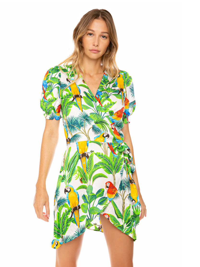MC2 Saint Barth Flared Dress Parrots Print On A White Background With Green Leaves
