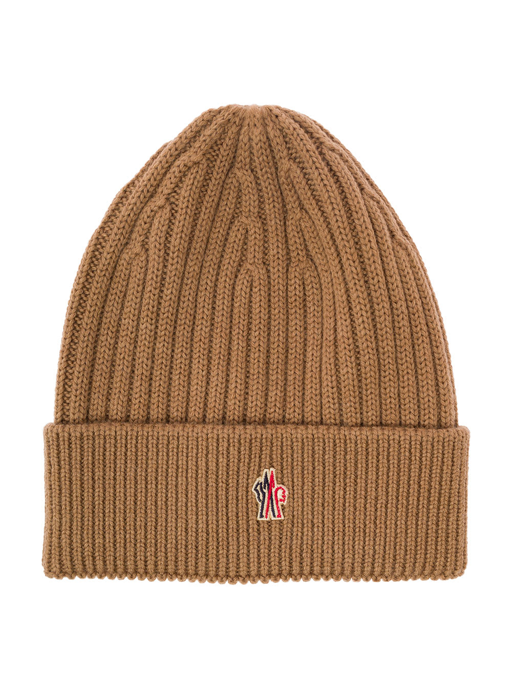 Moncler Beige Ribbed Beanie With Logo Patch At The Front In Wool Man