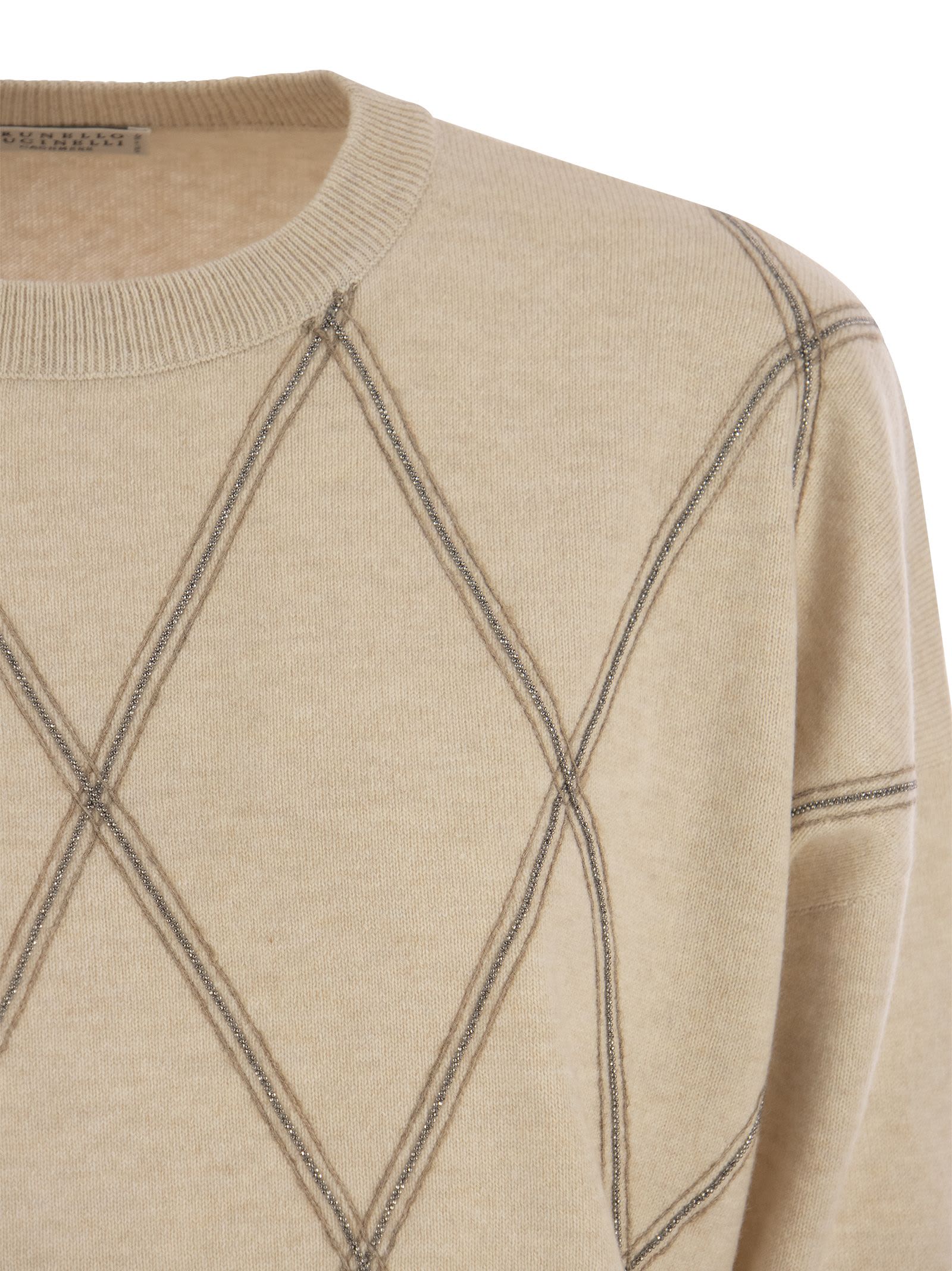 Brunello Cucinelli Crewneck Sweater In Fine Wool, Cashmere And Silk With Diamond Pattern In Sand