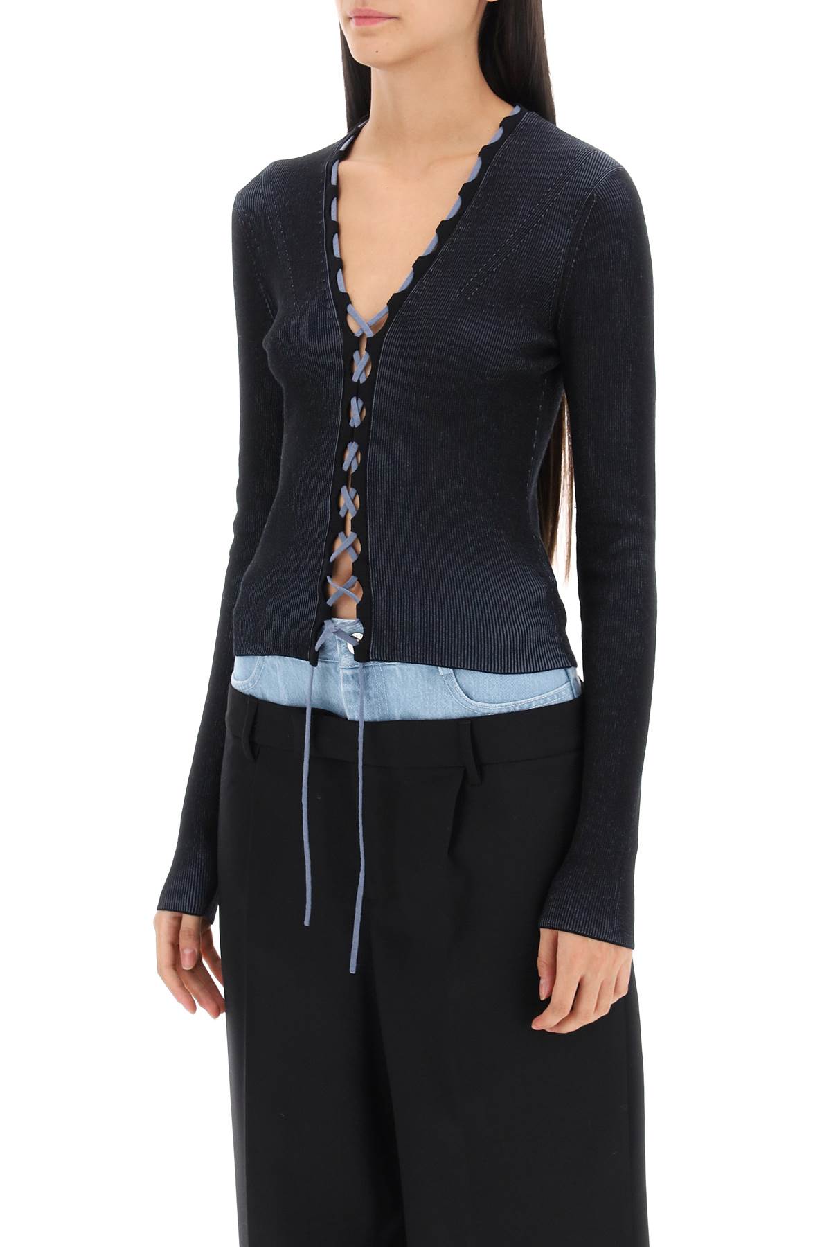 Shop Dion Lee Two-tone Lace-up Cardigan In Black Storm Blue (black)