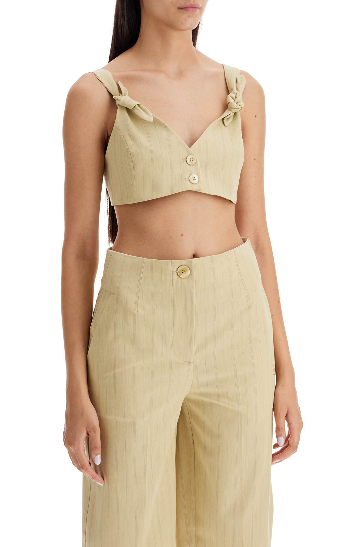 Shop Ganni Striped Crop Top With Knots In Sahara Sun (beige)