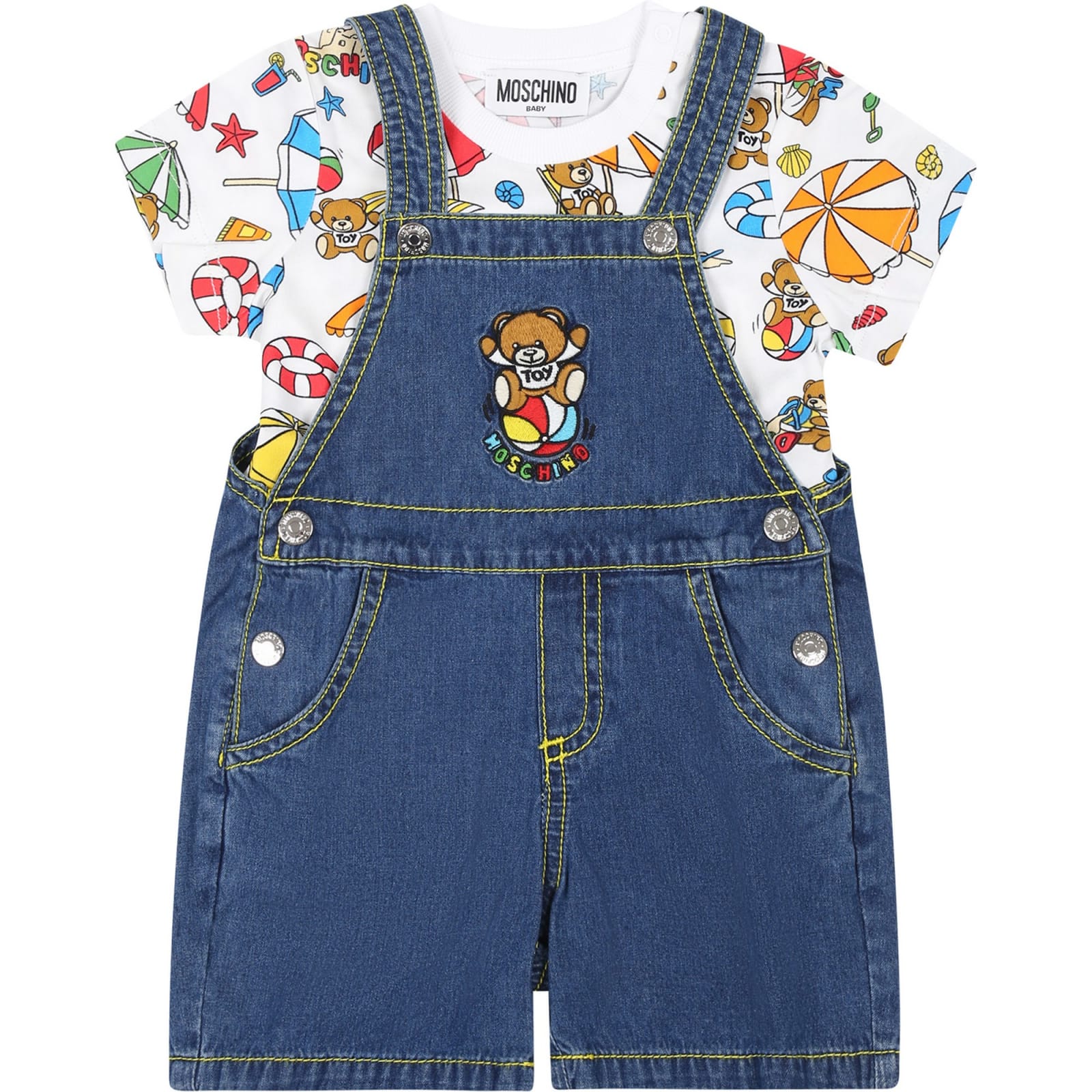 Shop Moschino Complet Bleu Pour Nouveau-né Avec Teddy Bear Et Timbre In Denim