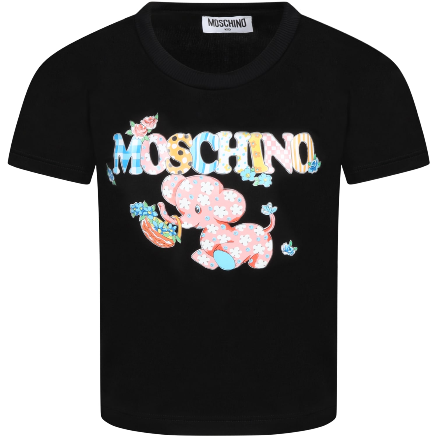 Moschino Black T-shirt For Girl With Elephant And Multicolor Logo