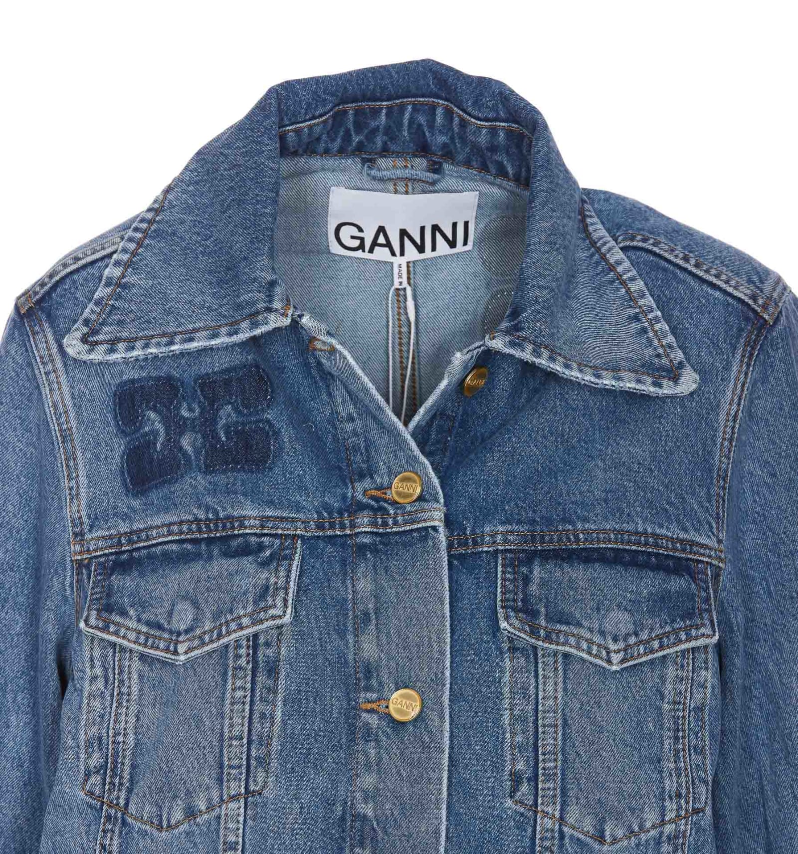 Shop Ganni Patch Logo Denim Jacket In Blue