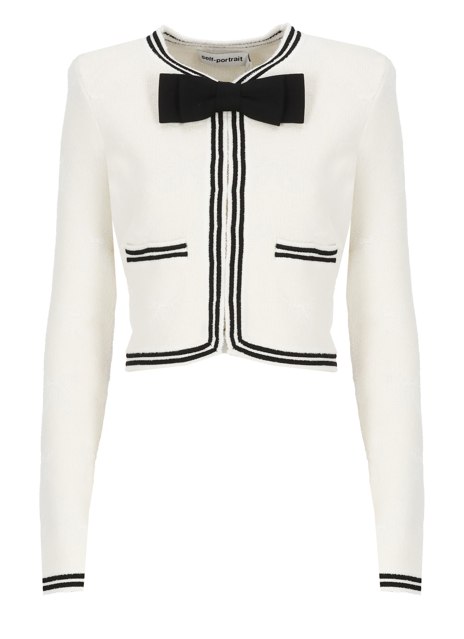 Self-portrait Beige Cardigan With Bow Detail On The Front And Contrasting Trims In Cotton Blend Woman In Ivory