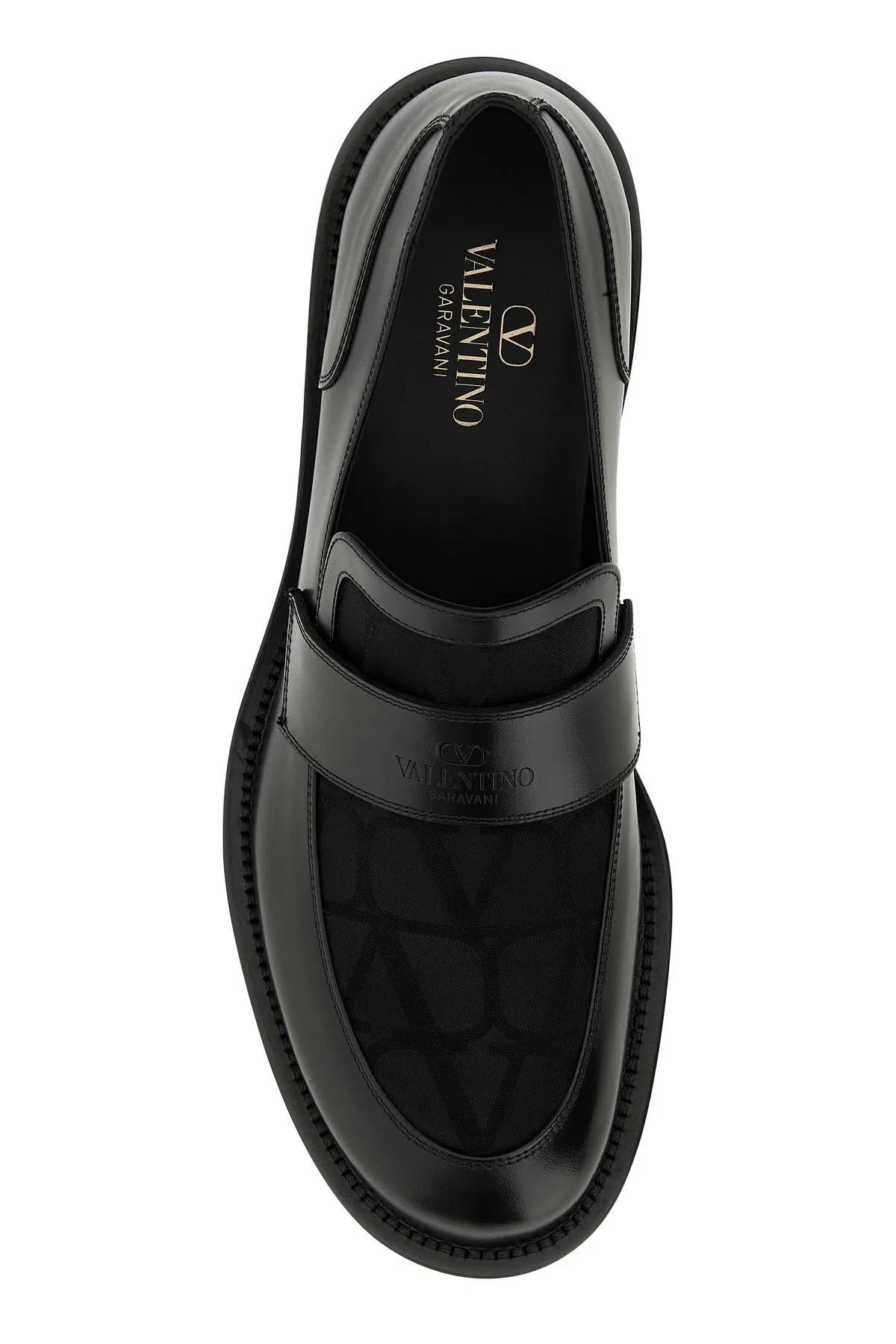Shop Valentino Black Leather And Toile Iconographe Loafers