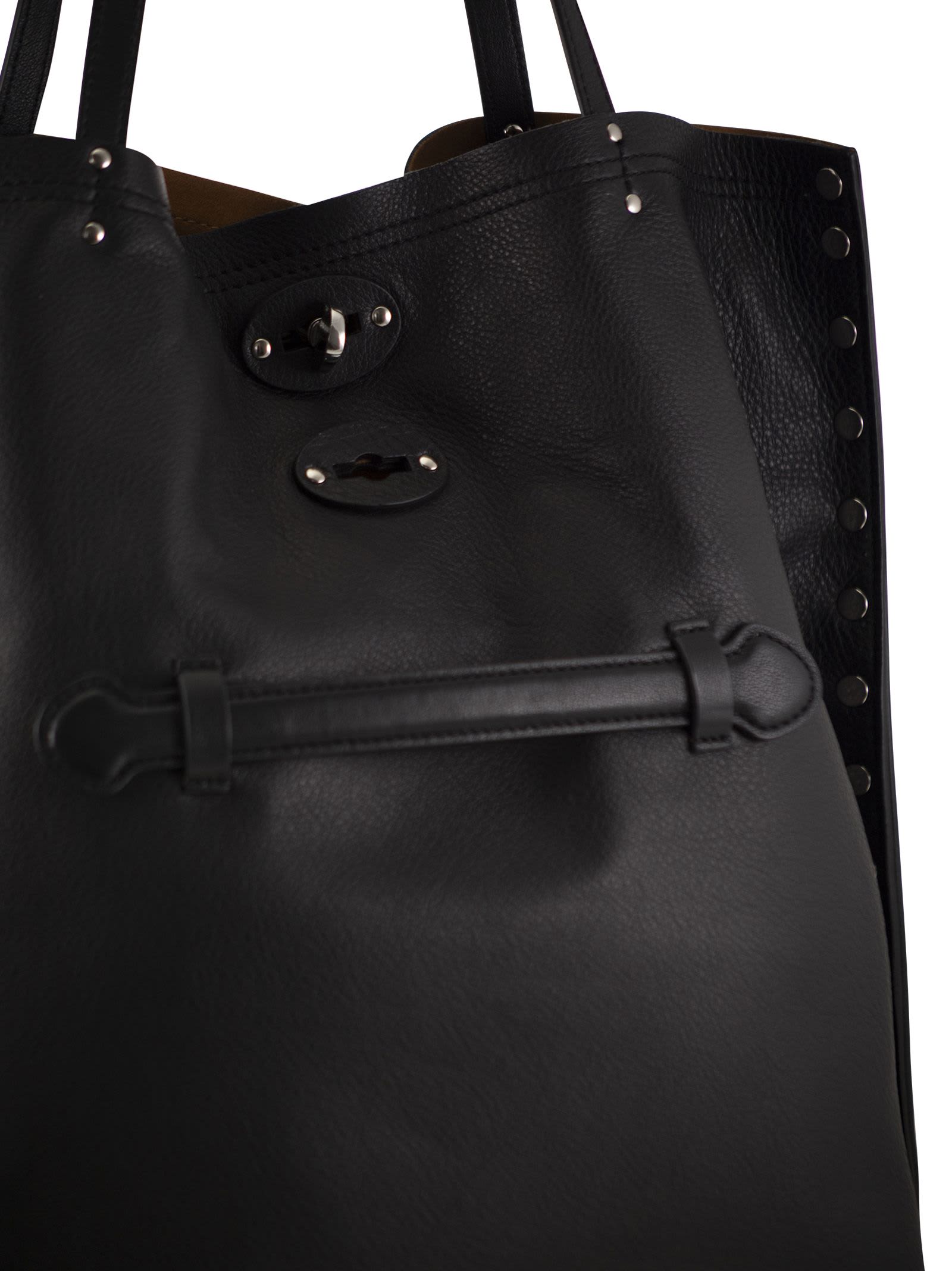Zanellato Black Leather Tote Bag With Decorative Studs In Black