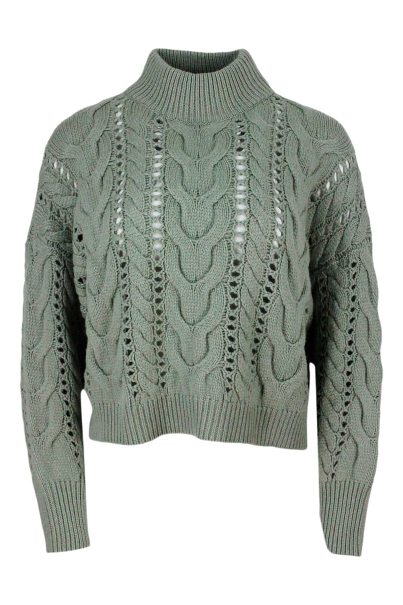 Brunello Cucinelli Turtleneck Sweater In Wool, Cashmere And Silk With Cable Knit