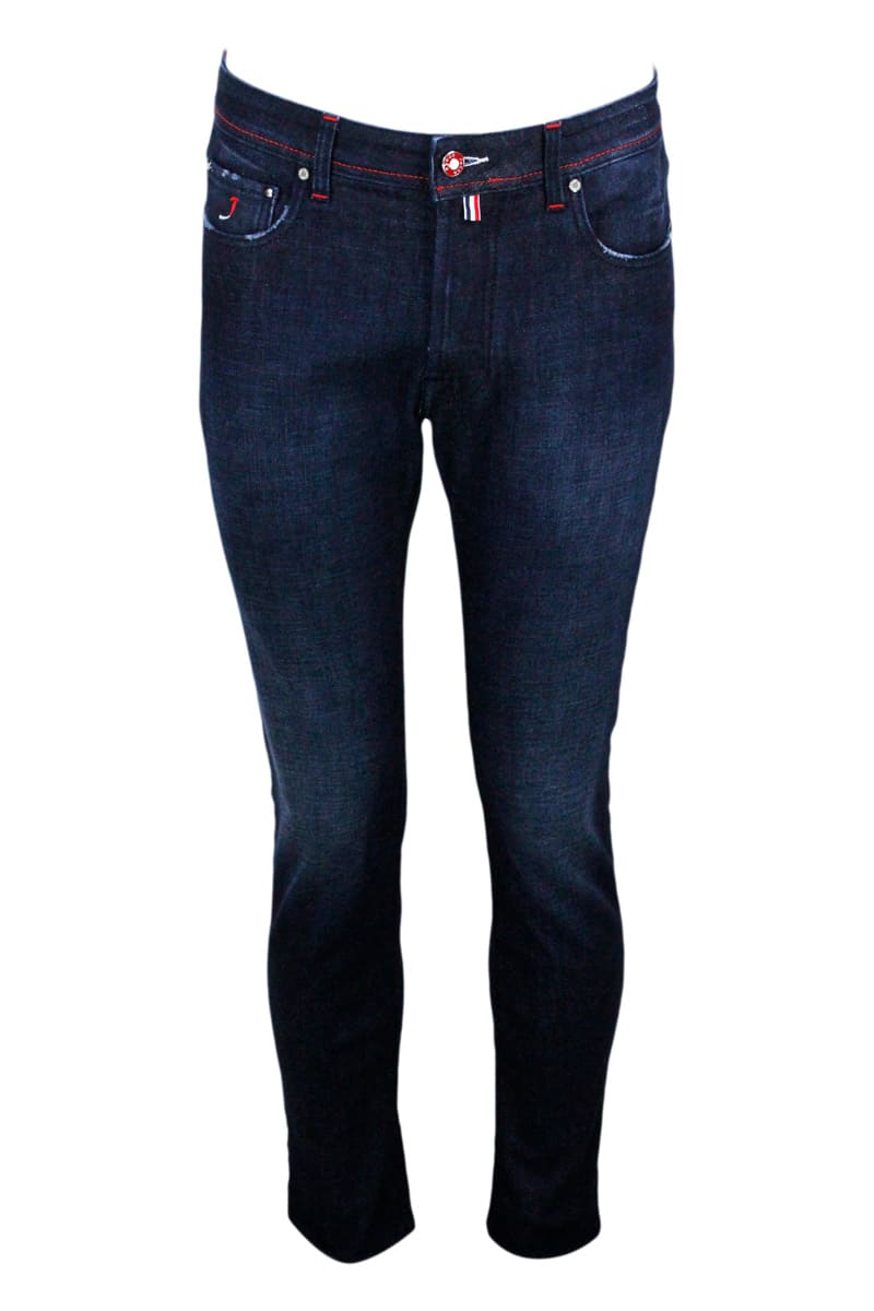 Jacob Cohen Jeans Bard J688 Premium Denim In Luxury Edition 5-pocket Stretch Denim With Closure Buttons And Pony Skin With Logo And Skier Print