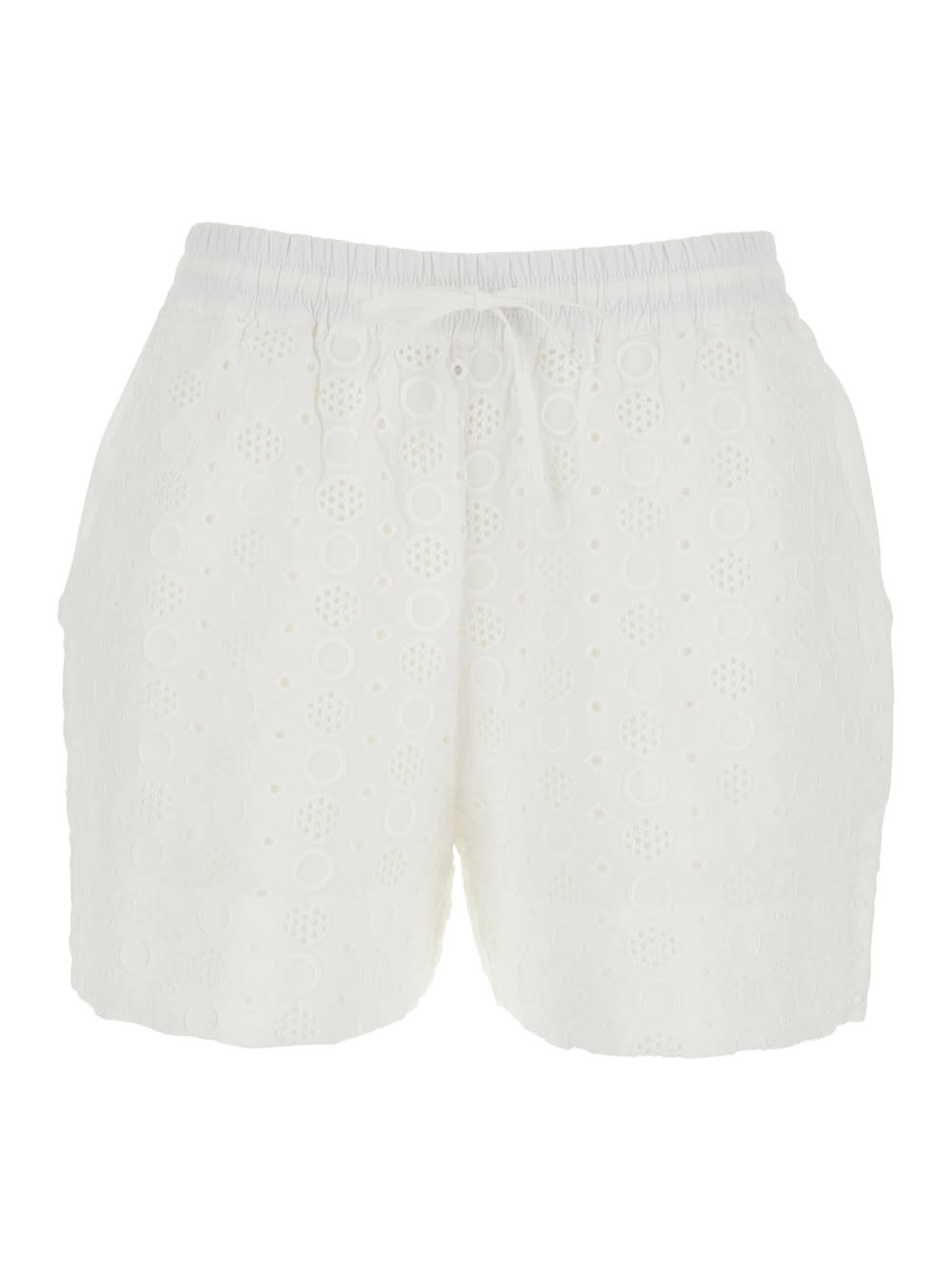 Pinko liz White Shorts With Elastic Drawstring Waist And All-over Embroidery In Cotton Woman