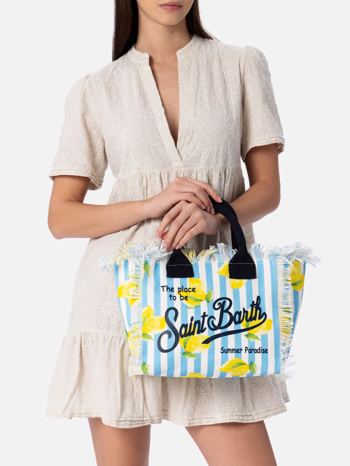 Mc2 Saint Barth Striped Cotton Canvas Colette Handbag In Sky