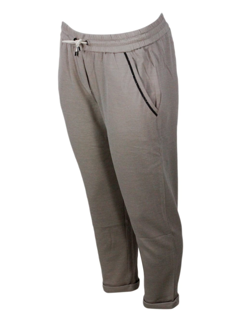 Shop Brunello Cucinelli Jogging Trousers In Cotton And Silk With Monili On The Pockets In Beige