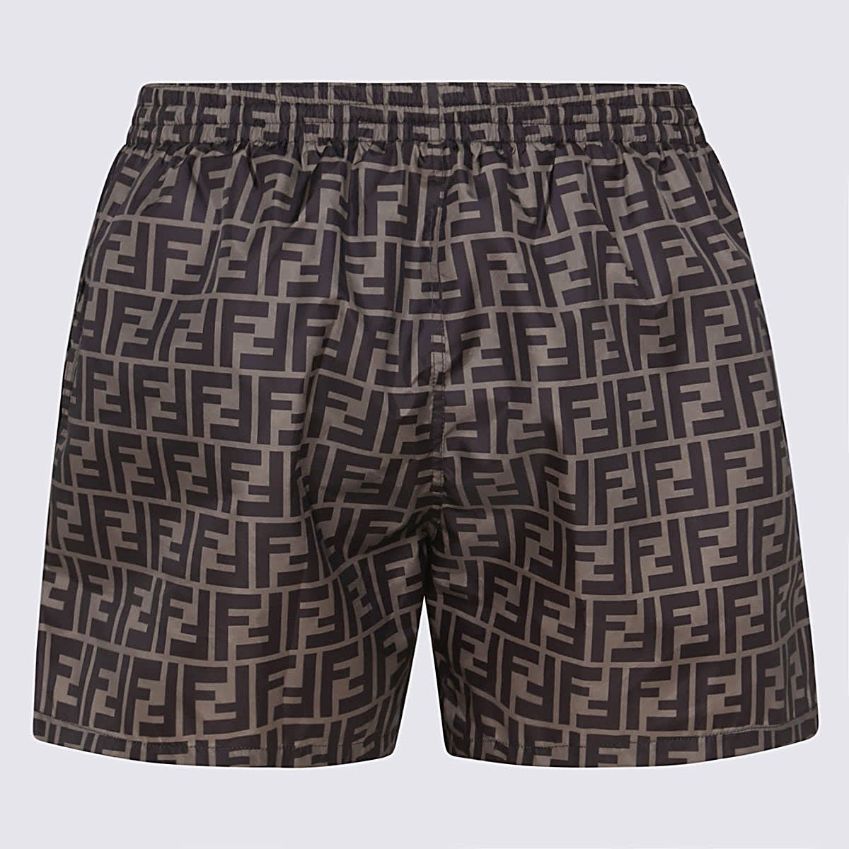 Fendi Tech Fabric With All-over Ff Pattern Swim Shorts In Brown