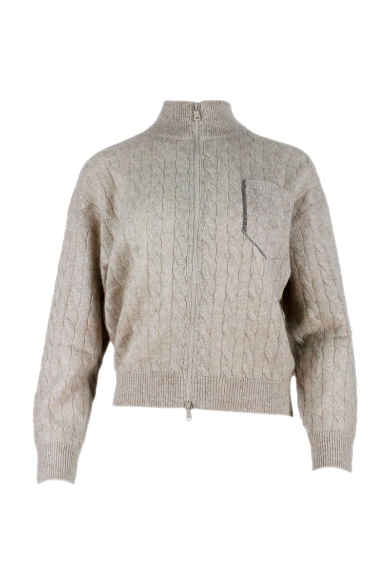 Brunello Cucinelli Zip-up Cardigan Sweater With Lurex Braids And Jewels Threads